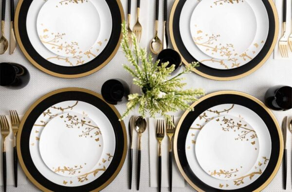 32-Pack White and Gold Round Plastic Dinnerware Set for 16 Guests - Elegant Disposable Plates, Cups, Forks, Knives & Spoons - Perfect for Weddings, Parties, BBQs & Outdoor Events