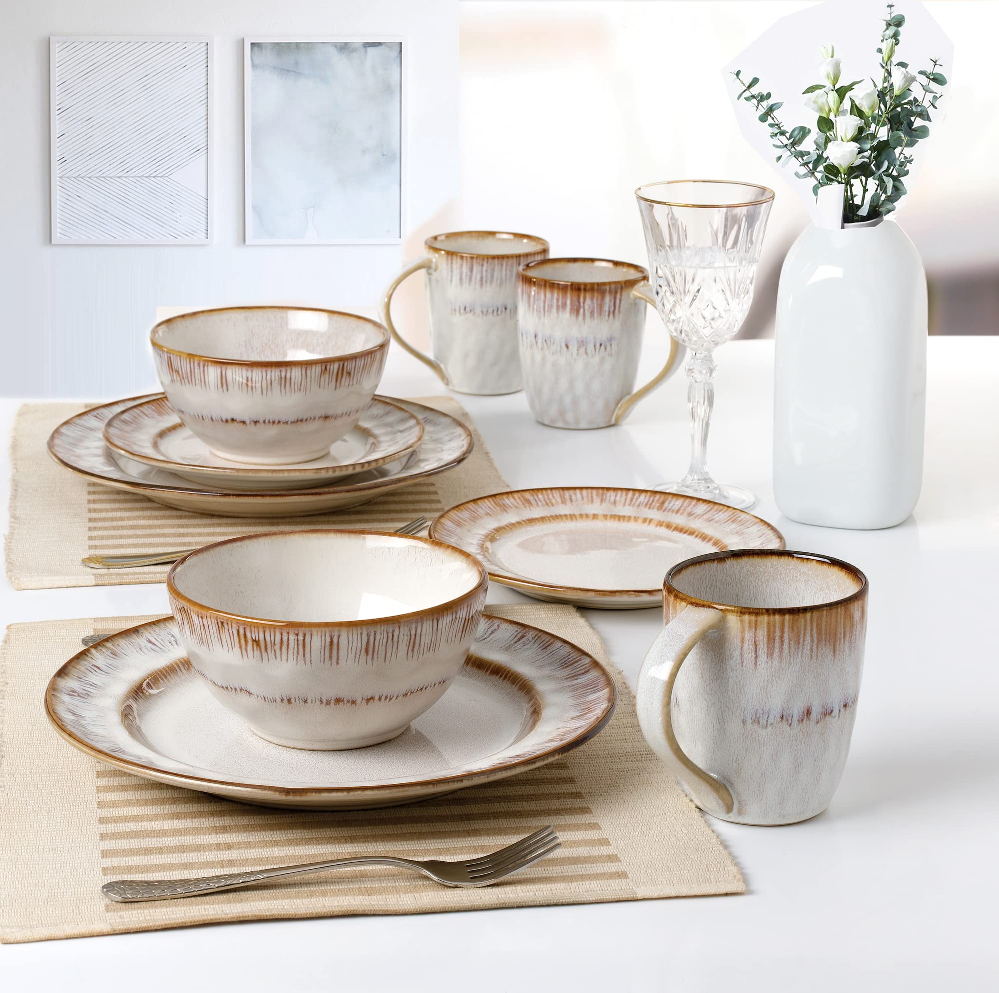 Elegant Modern Stoneware Scroll Dinner Plate Set - 16-Piece Mocha Swirl Dinnerware for Parties, Events & Holiday Gatherings - Perfect for Formal Dinners, Wedding Receptions & Special Occasions