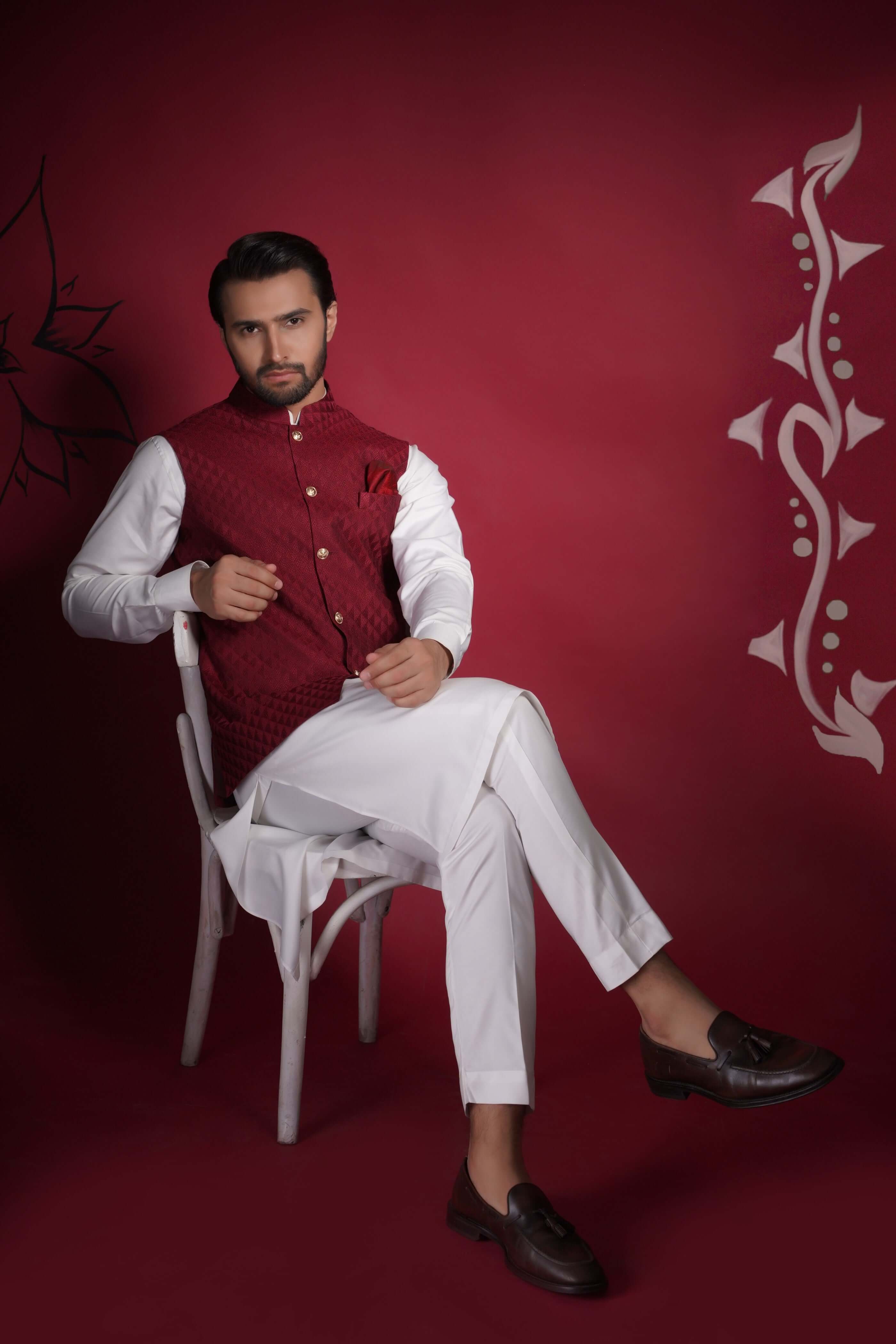 Deep Maroon Embroidered Textured Waistcoat Kurta Set for Men - Traditional Indian Ethnic Wear for Weddings, Festivals & Special Occasions