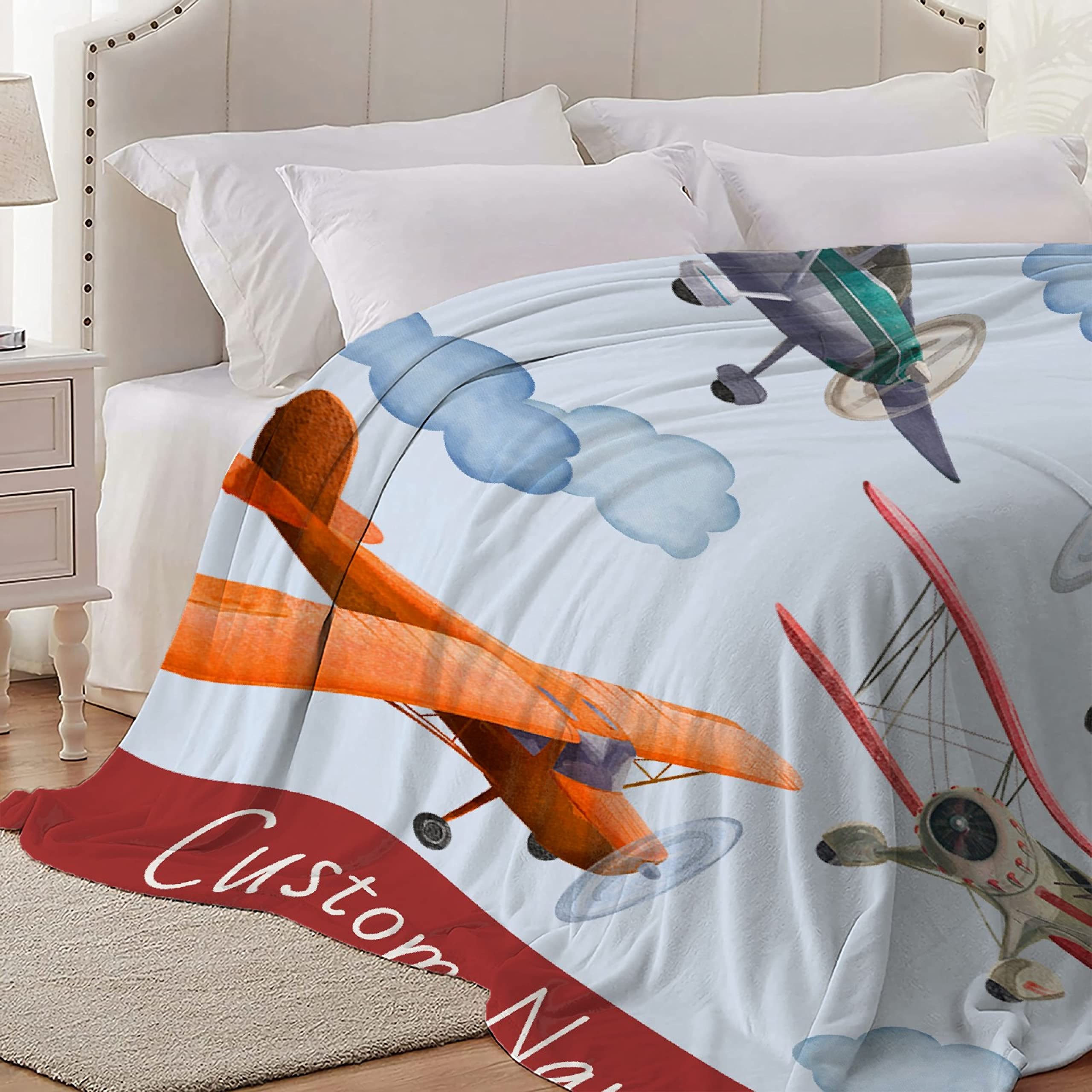 Personalized Airplane Baby Blanket with Name - Custom Fleece Throw Blanket for Boys & Girls (120