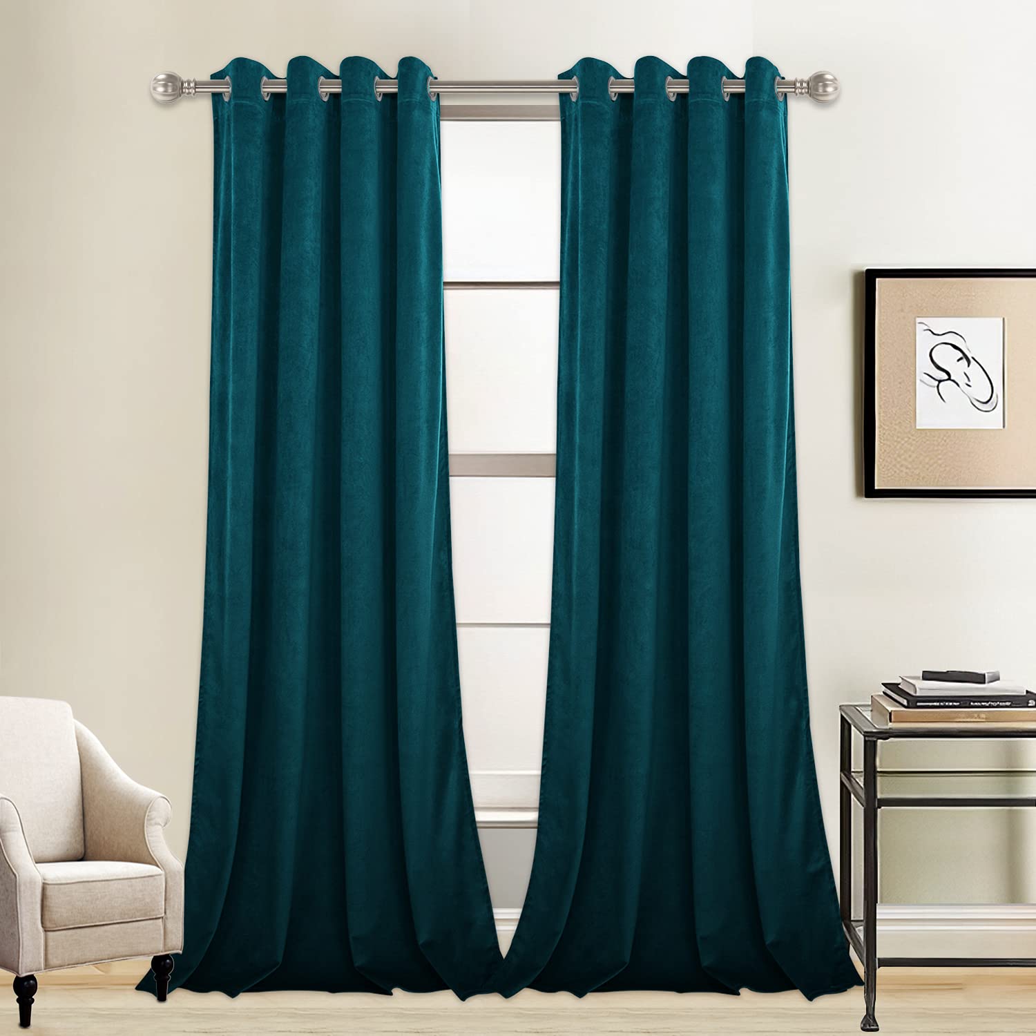 LUSHLEAF 2 Panels Teal Velvet Blackout Curtains 96 Inches Long - Thermal Insulated Room Darkening Grommet Window Drapes for Bedroom & Living Room - Perfect for Home Theater, Nursery & Light Sleepers