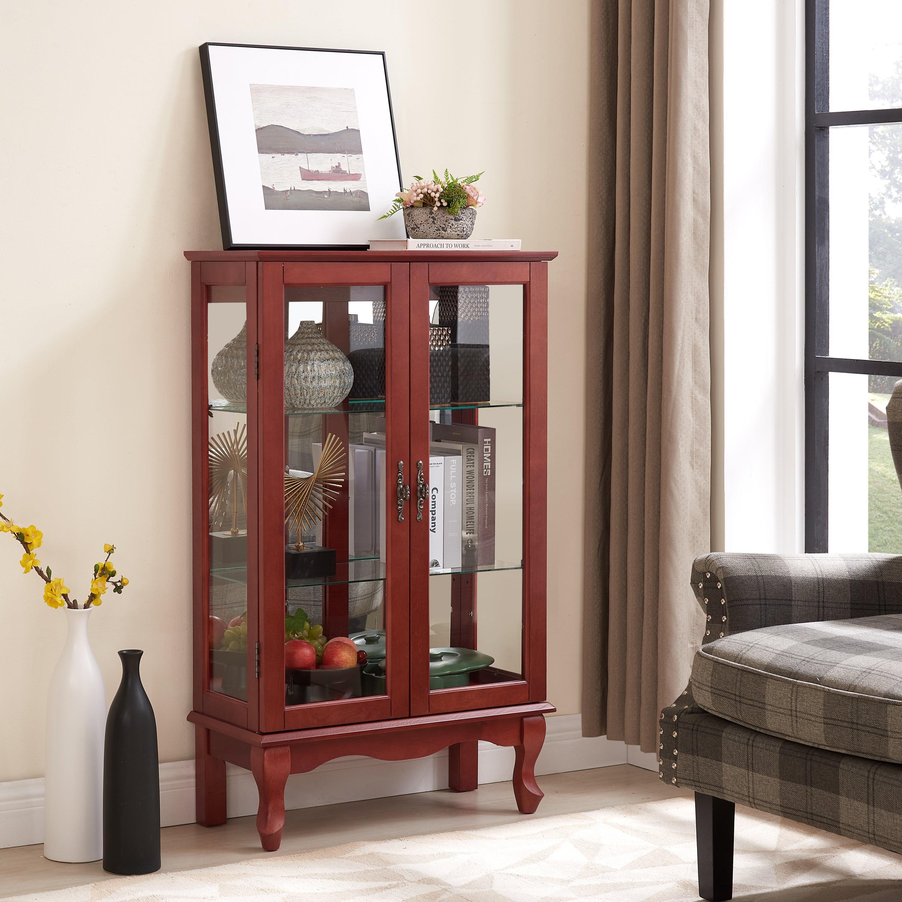 2 Door Curio Cabinet with Tempered Glass & Mirrored Back - LED Lighted Display Case for Living Room, Dining Room, Office - Showcase Collectibles, China, or Decor Items
