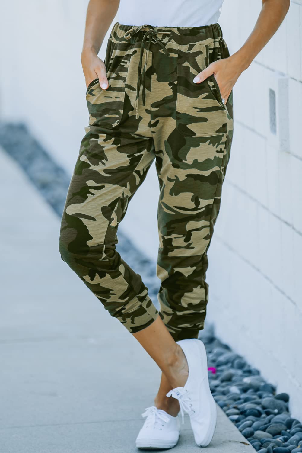 Women's Camo Cargo Pants - Stretch Waist Cool Camouflage Jogger Pants with Pockets for Outdoor, Hiking & Casual Wear | Trendy Elastic Waist Casual Pants for Women