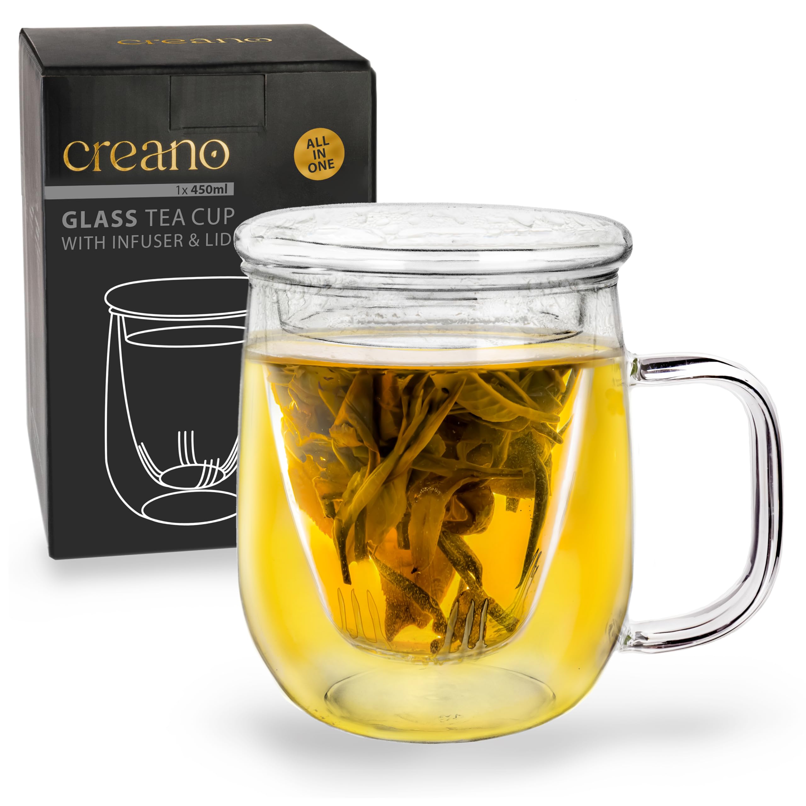 Creano 450ml Glass Tea Cup with Strainer & Lid - Premium Loose Leaf Tea Maker for Home & Office - Perfect for Green Tea, Herbal Tea & Iced Tea Brewing