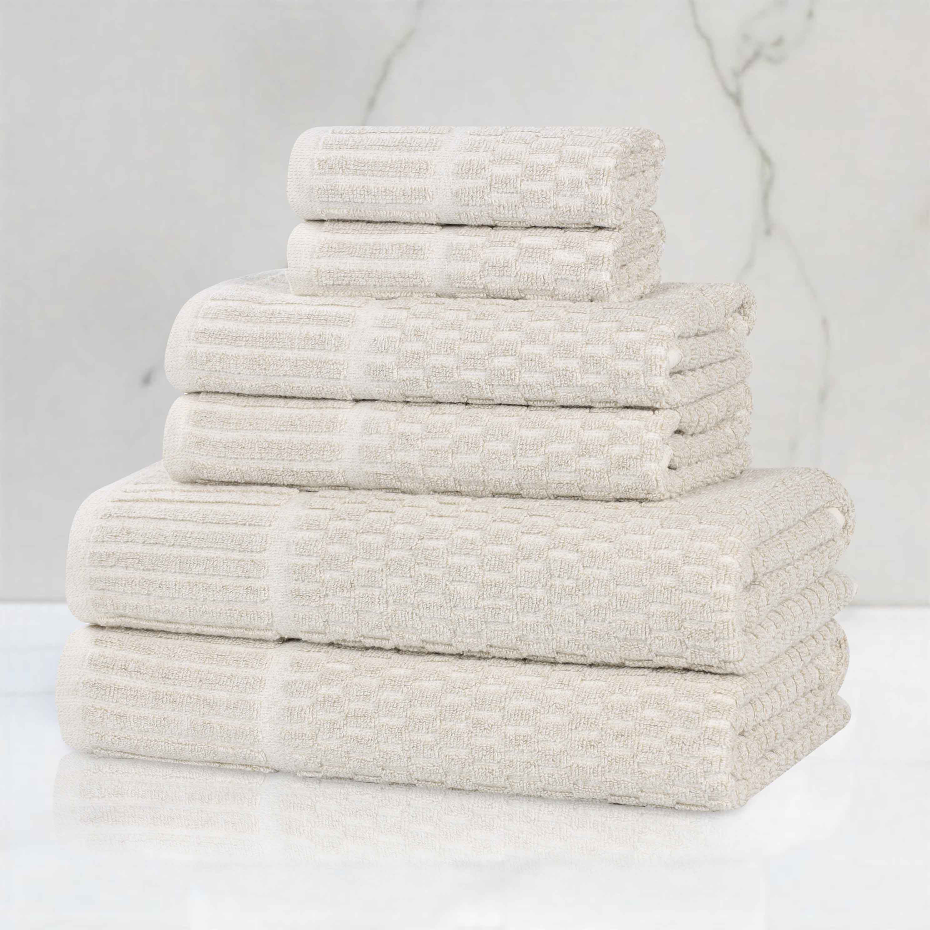 Premium 6-Piece Cotton Blend Checkered Border Towel Set - Medium Weight, Soft & Absorbent - Perfect for Bathroom, Kitchen & Guest Use