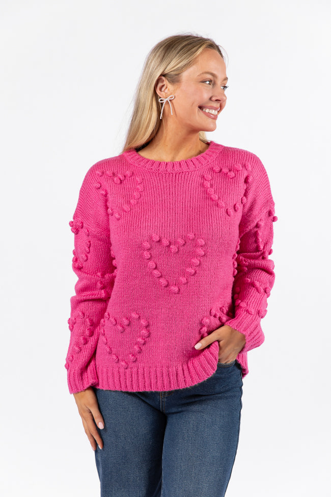 Adore You Hot Pink Oversized Heart Pom Knit Sweater - Cozy Winter Pullover for Women | Perfect for Christmas, Valentine's Day & Casual Outfits