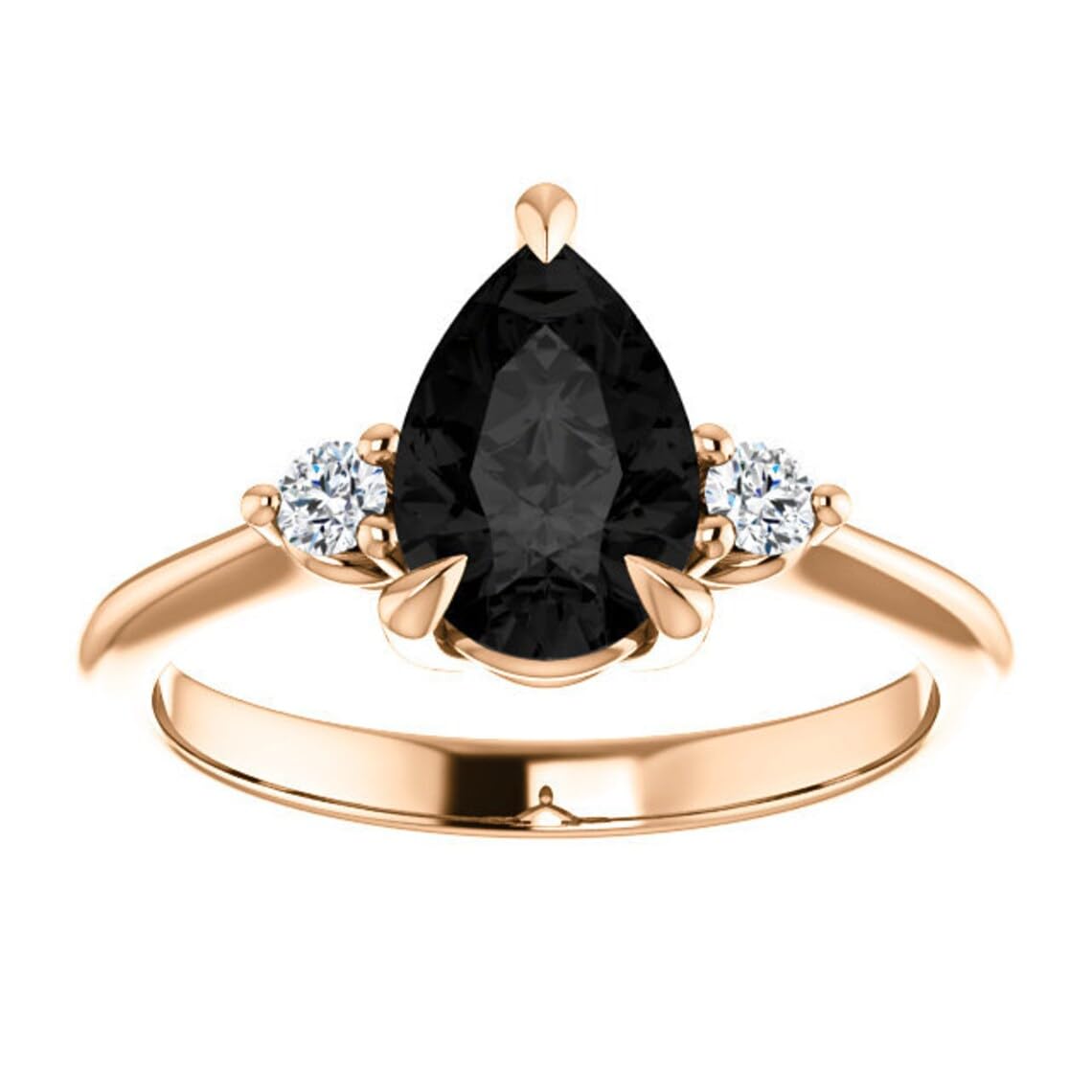 Three Stone Black Onyx 1 CT Pear Ring 14k Rose Gold - Minimalist Pear Shape Black Diamond Ring - Dainty Tear Drop Black Diamond Engagement Ring (Size 6.5) | Elegant Wedding Band, Anniversary Gift, Valentine's Day Jewelry