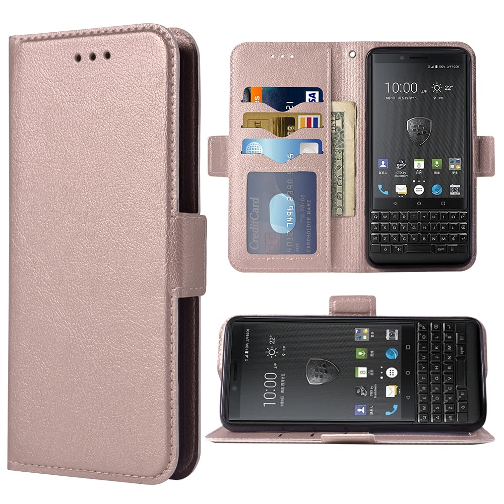 BlackBerry KEY2 Wallet Case - Leather Flip Cover with Card Holder, Wrist Strap & Lanyard | Compatible with BBF100-1/2/4/6 | Stylish Rose Gold Design for Men & Women | Perfect for Work, Travel & Daily Protection