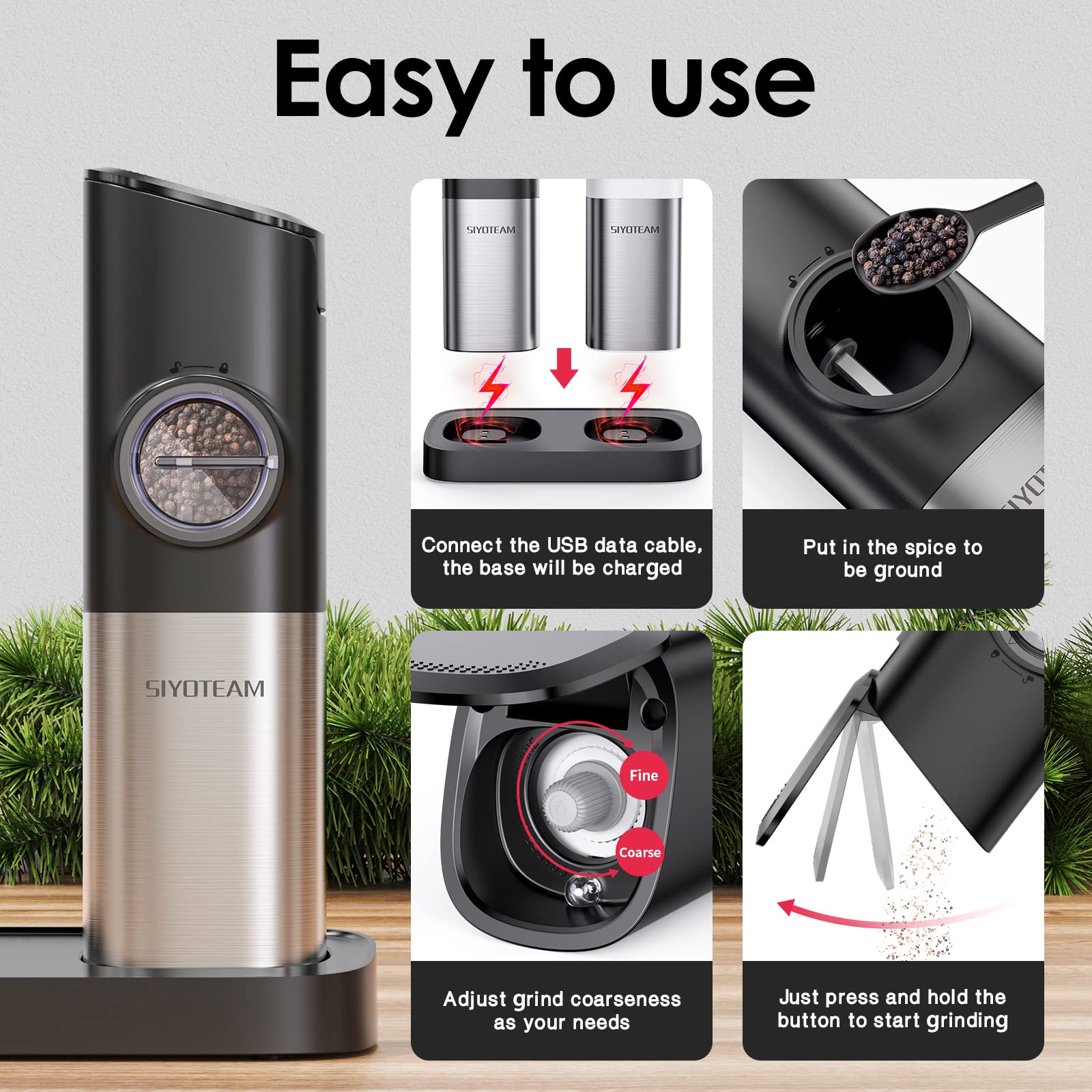 Premium Electric Salt and Pepper Grinder Set - Rechargeable Automatic Gravity Spice Mill with Adjustable Coarseness & Large Capacity - Perfect for Kitchen, Dining Table & Outdoor Cooking