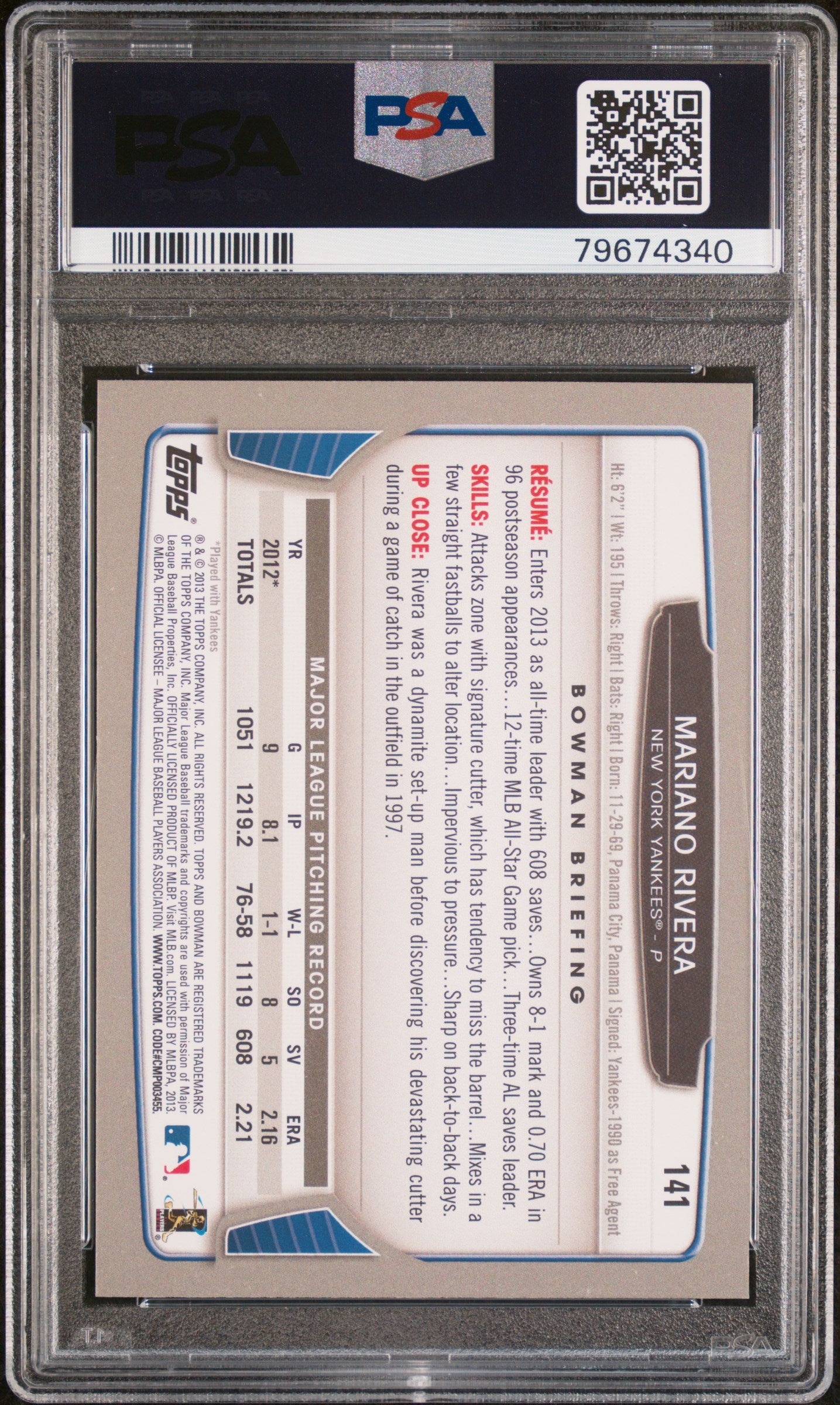 2013 Bowman Mariano Rivera #141 PSA 10 Gem Mint Baseball Card - Perfect for Collectors & Yankees Fans, Great for Display or Investment