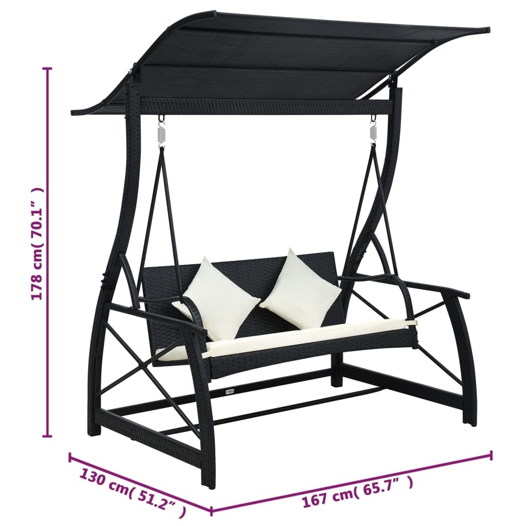 vidaXL Patio Swing Chair with Adjustable Canopy & Cushion - Outdoor Hanging Daybed Bench in Black Poly Rattan - Perfect for Balcony, Garden, Porch & Backyard Relaxation