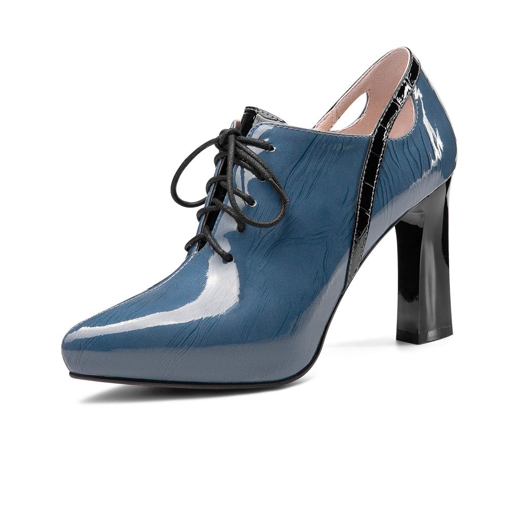 TinaCus Women's Glossy Patent Leather High Heel Pumps - Chunky Heel Pointed Toe Lace Up Dress Shoes with Platform for Party, Wedding & Evening Events