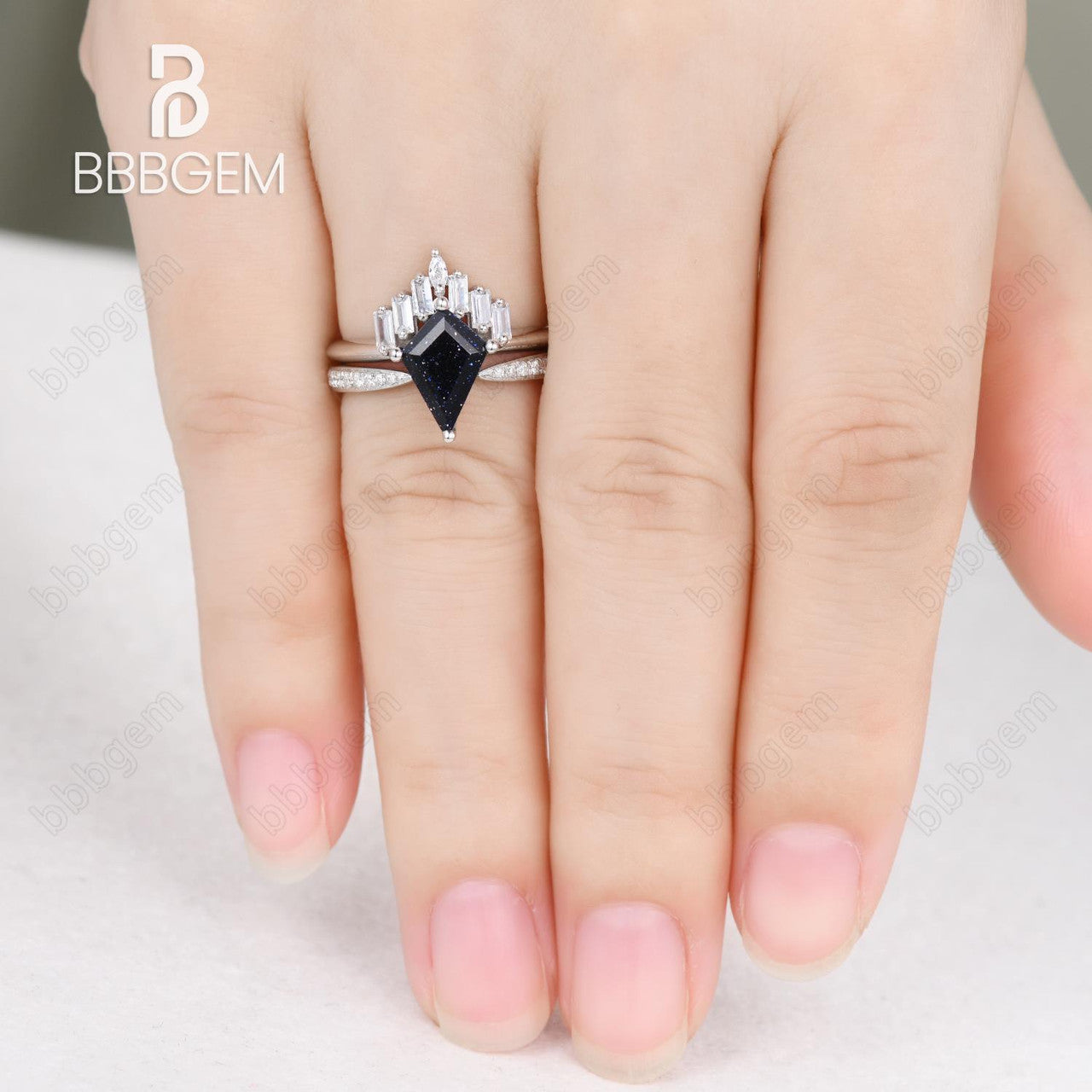 18K White Gold Knife Edge Kite Blue Sandstone Engagement Ring with Cluster Baguette & Pave Moissanite - Elegant Wedding Band, Anniversary Gift for Her - Perfect for Proposals, Bridal Jewelry & Special Occasions