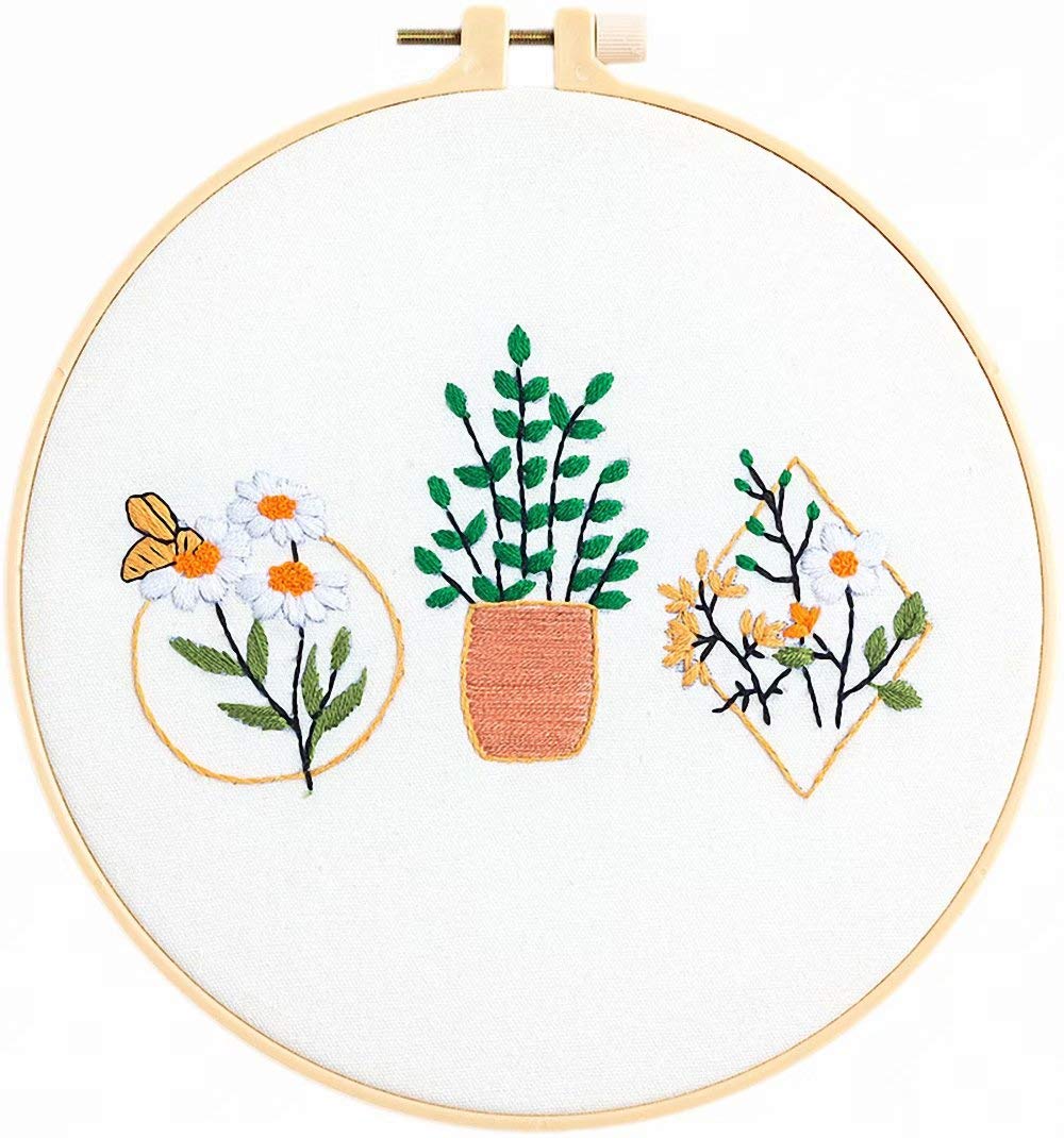 Beginner Embroidery Kit - Flowers & Plants Cross Stitch Needlepoint Starter Set with Patterns | DIY Home Decor, Wall Art & Gift Idea for Craft Lovers