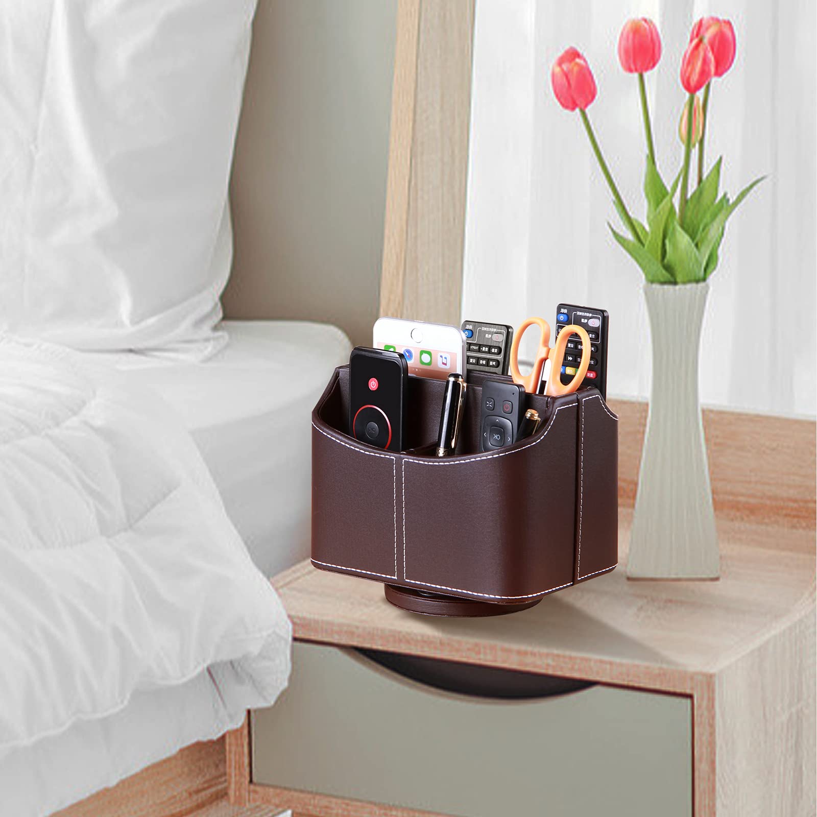 YAPISHI 360° Rotating Leather Remote Control Holder - Desk & Coffee Table Organizer for TV Remote, Controller, Phone, Pencil Storage | Perfect for Living Room, Bedroom, Office Organization