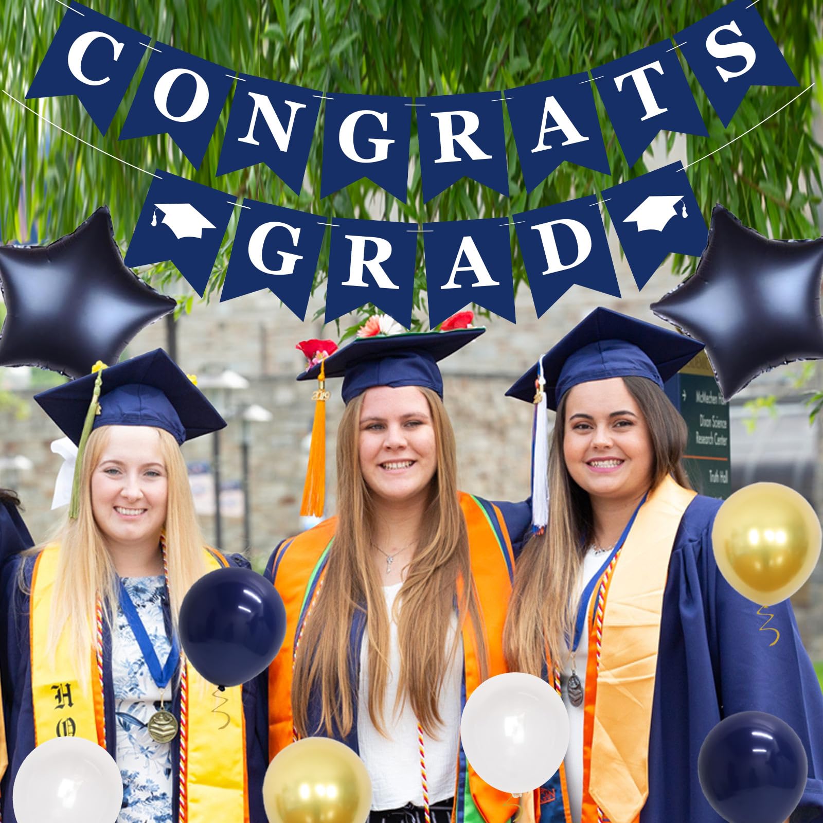 JOYMEMO Navy Blue & Gold Graduation Decorations 2025 - Congrats Grad Banner, Tissue Pom Poms, Paper Lanterns & Number 2025 Foil Balloons for Class of 2025 Party | Perfect for Graduation Ceremony Decor, College Grad Party & High School Celebration