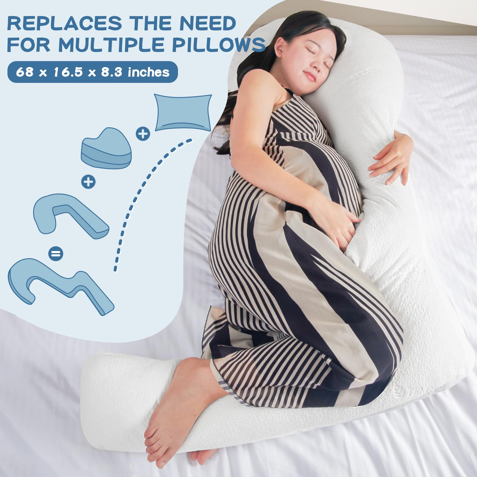 **SAHEYER 68 Inch Memory Foam Body Pillow for Side Sleepers & Pregnancy Support - 3-Shaped Full Body Pillow with Removable Cover for Back, Hips, Legs & Belly - Comfort for Adults (White) - Perfect for Sleeping, Maternity & Pain Relief**