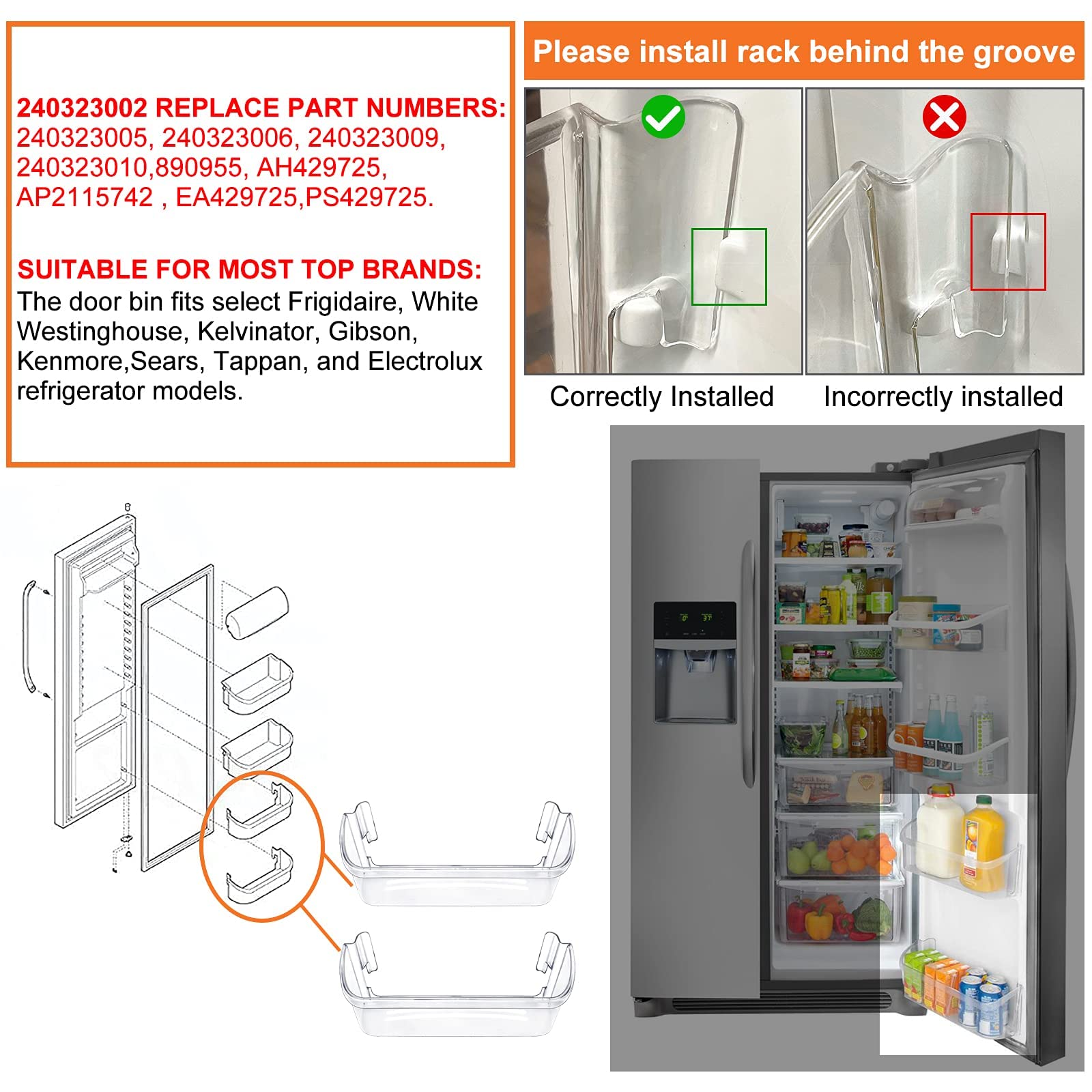 Electrolux Refrigerator Door Bin Shelf Replacement - Compatible with Bottom 2 Shelves (AP2115742, PS429725, AH429725, FGHS2631PF4A) - Perfect for Kitchen Organization & Food Storage