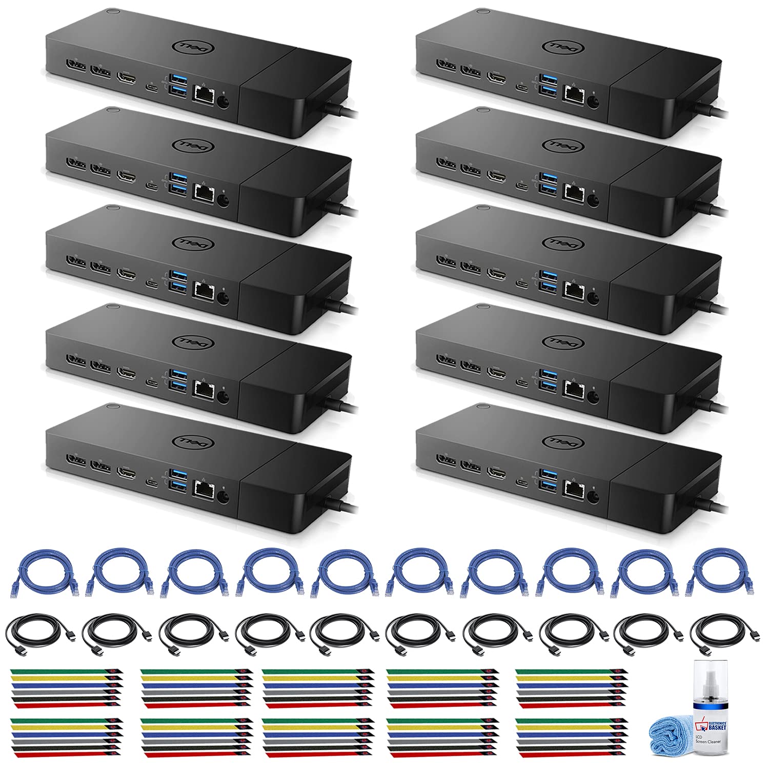 Dell WD19S 130W USB-C Docking Station with 10-Port Hub | Includes DisplayPort, HDMI, Ethernet Ports | 10-Pack Bundle with LCD Cleaning Kit, HDMI & Ethernet Cables (60 Cable Ties) | Perfect for Office Workstations, Home Offices & Multi-Monitor Setups