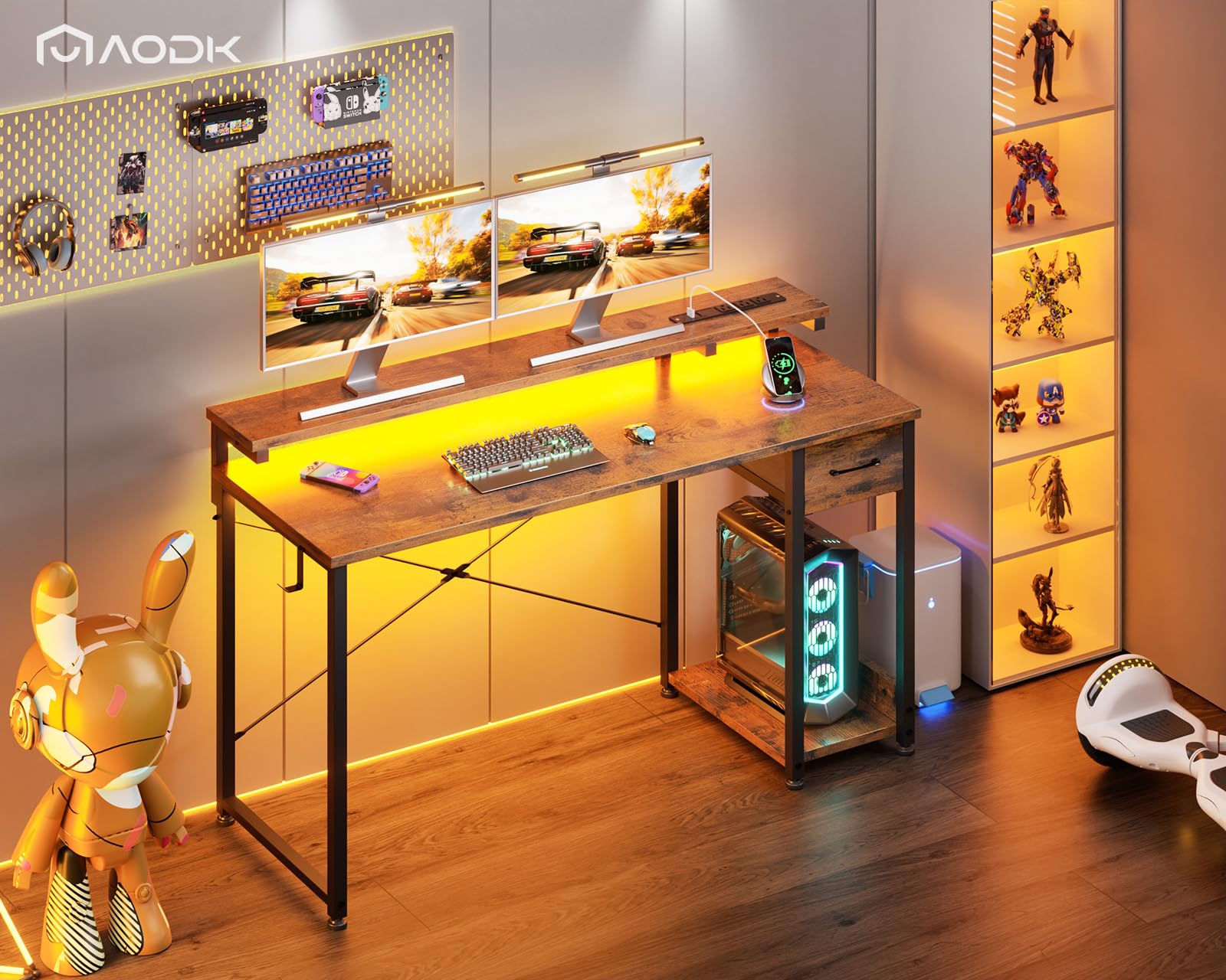 AODK 48 Inch Gaming Desk with LED Lights & Power Outlet - Computer Desk with Drawer, Adjustable Monitor Shelf & Headphone Hook - Reversible Design for Home Office - Rustic Brown - Perfect for Gaming Setup, Workstation & Small Space Home Office