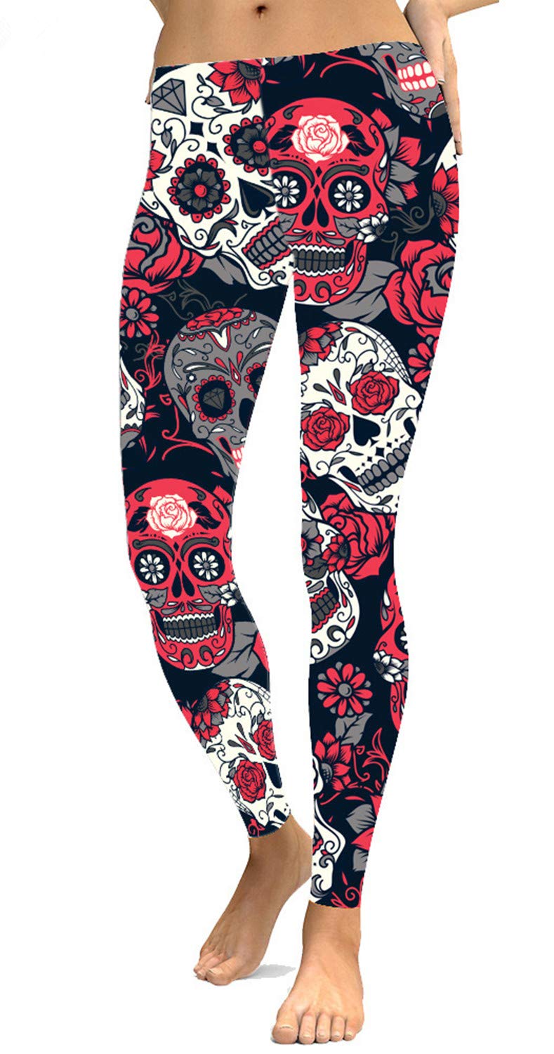 Women's Skull Print Stretch Leggings - Black & White Skeleton Tights for Yoga & Fitness
