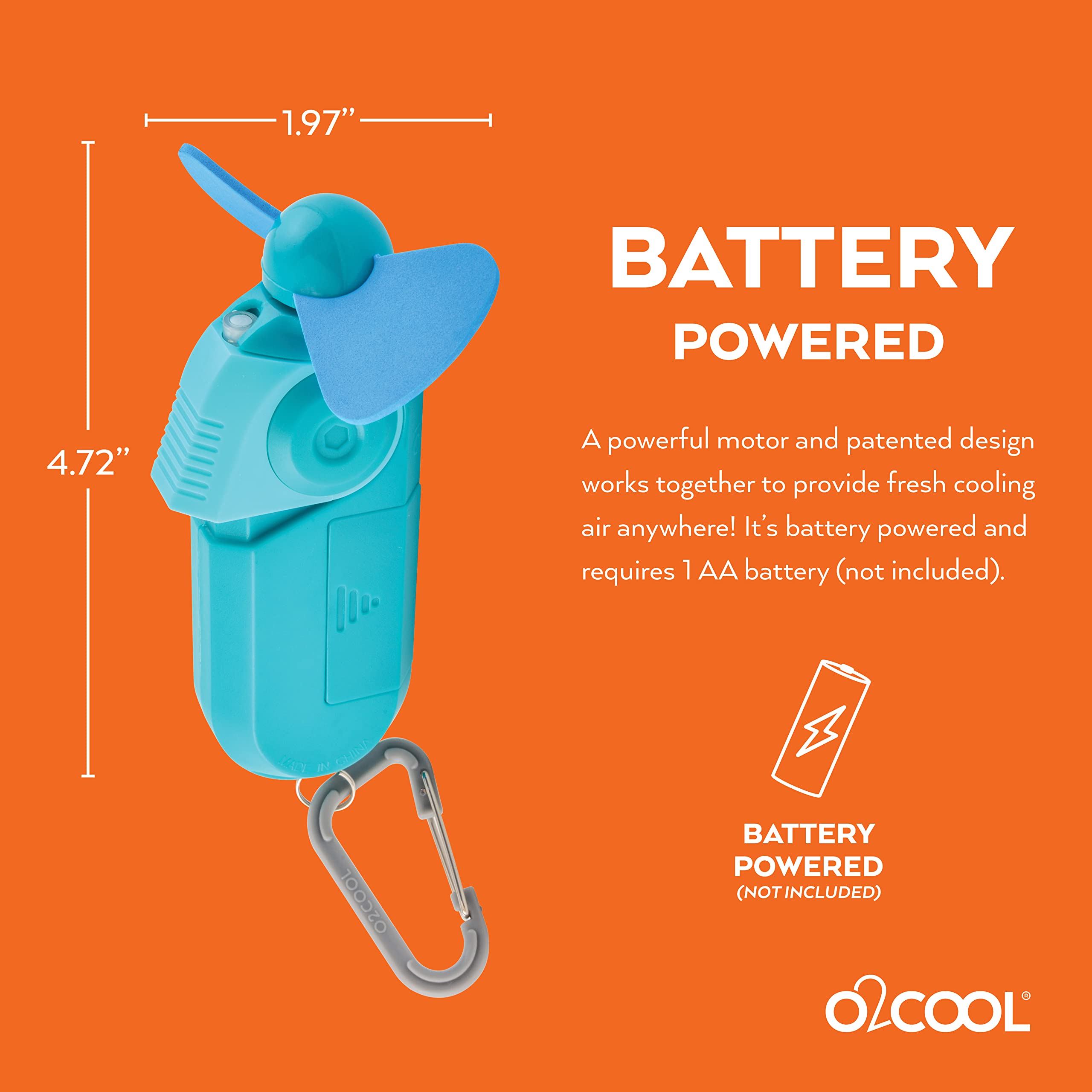 O2COOL 2-Pack Keychain Sport Misting Fan - Portable Battery Powered Handheld Fan with Carabiner Clip & Mister - Compact Cooling Fan for Outdoor Activities, Sports, Travel & Summer Use (Teal)