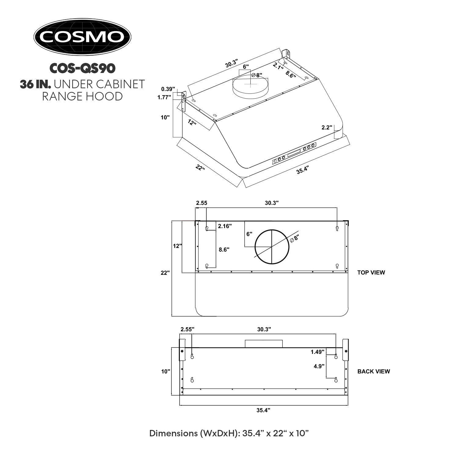 COSMO COS-QS90 36-Inch Stainless Steel Under Cabinet Range Hood - 500 CFM Ducted Kitchen Vent Hood with Touch Controls & LED Lights - Perfect for Modern Kitchens, Cooking, and Smoke Removal