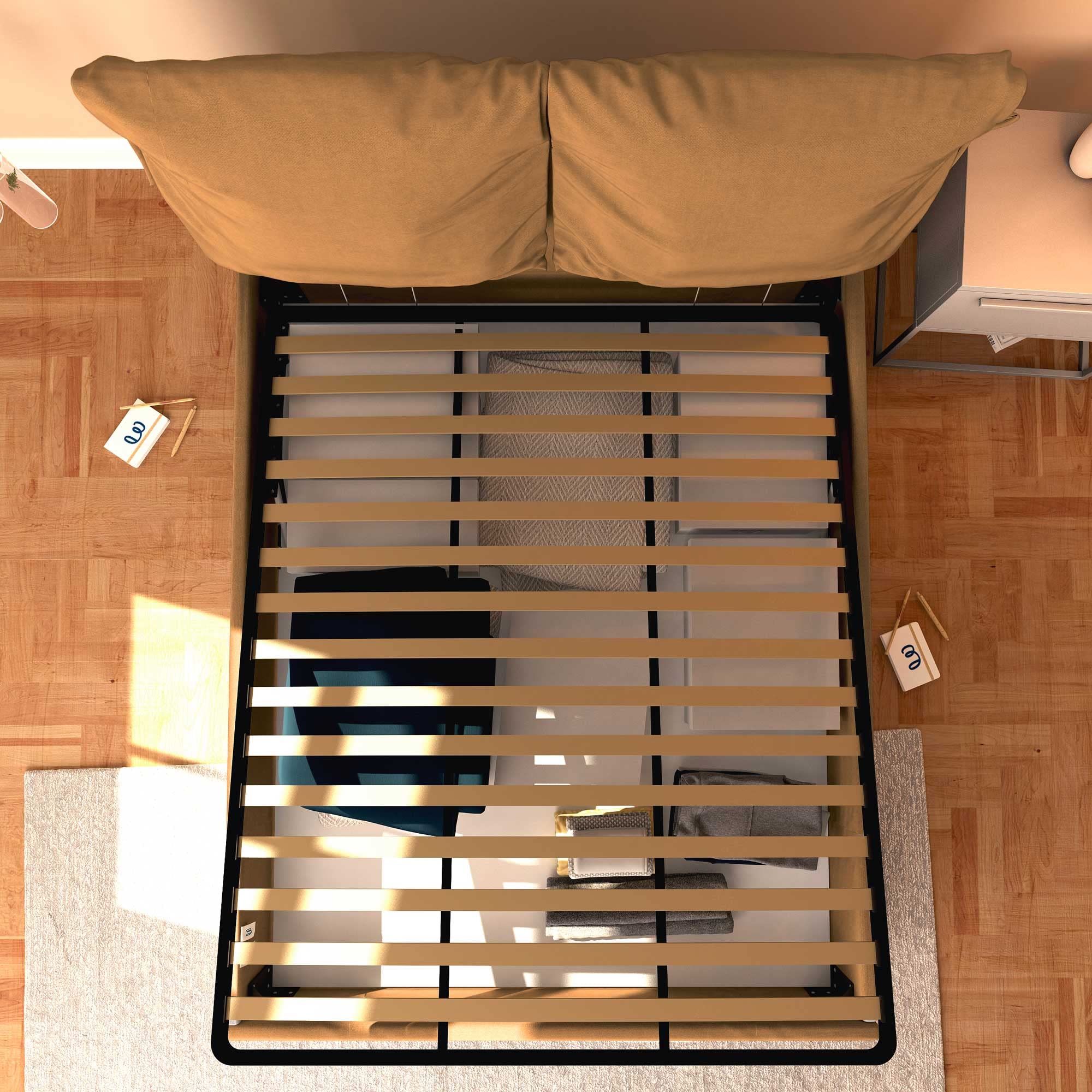Baldiflex Licia Soft Queen Size Bed Frame with Storage - Synthetic Leather Upholstery, Slatted Base for Mattress Support, Light Brown, 180x190cm - Perfect for Master Bedrooms & Guest Rooms