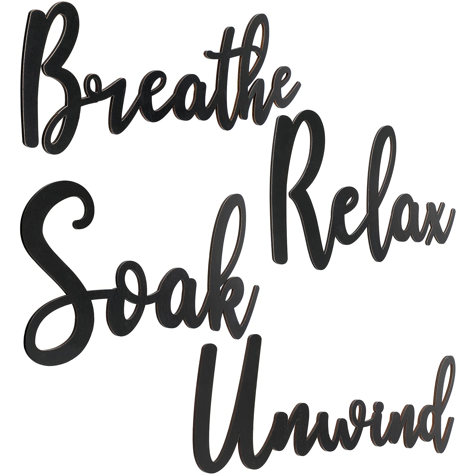 4-Piece Wooden Bathroom Wall Decor Set - Soak Relax Unwind Breathe Plaque Signs, Farmhouse Style Cutout Wall Art for Bathroom, Toilet, Dressing & Laundry Room - Black | Perfect for Spa-Like Relaxation & Rustic Home Decor