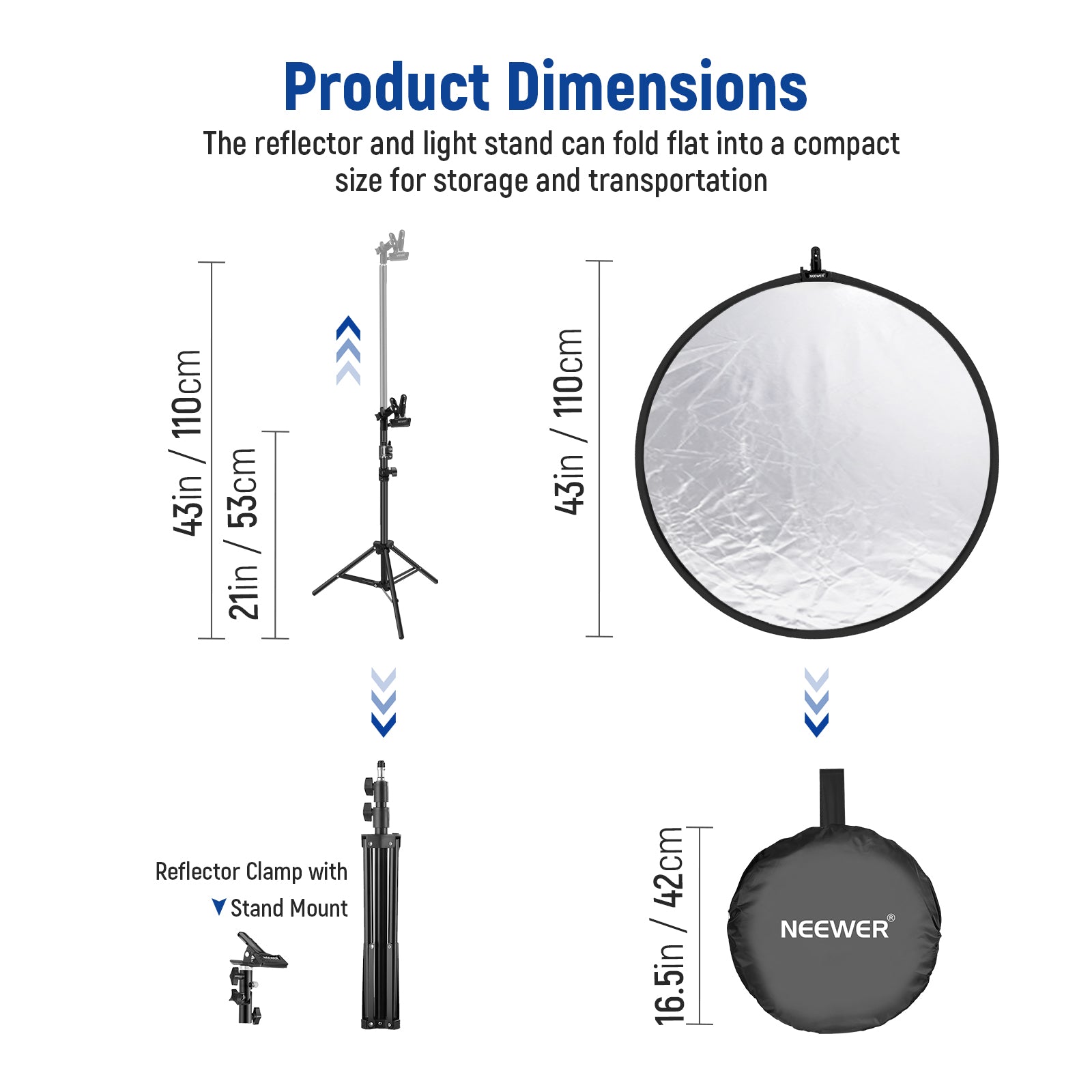 NEEWER 43-Inch/110cm Photography Light Reflector with Adjustable Metal Clamp & Stand - Perfect for Portrait, Product, and Studio Photography