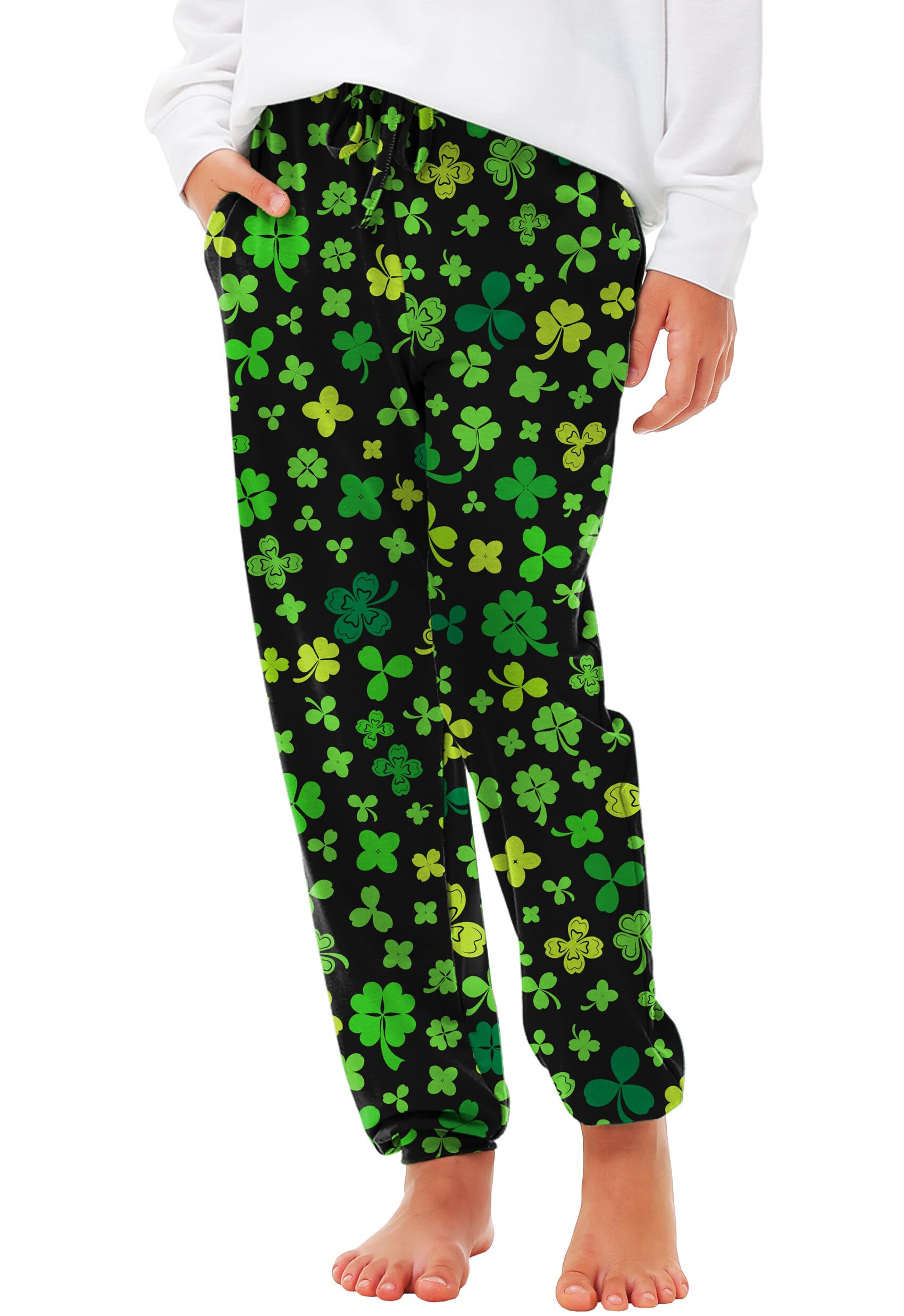 Deerose St. Patrick's Day Green Sweatpants for Kids - Elastic Waistband with Drawstring & Pockets (Ages 5-14) - Perfect for School, Parties & Holiday Celebrations