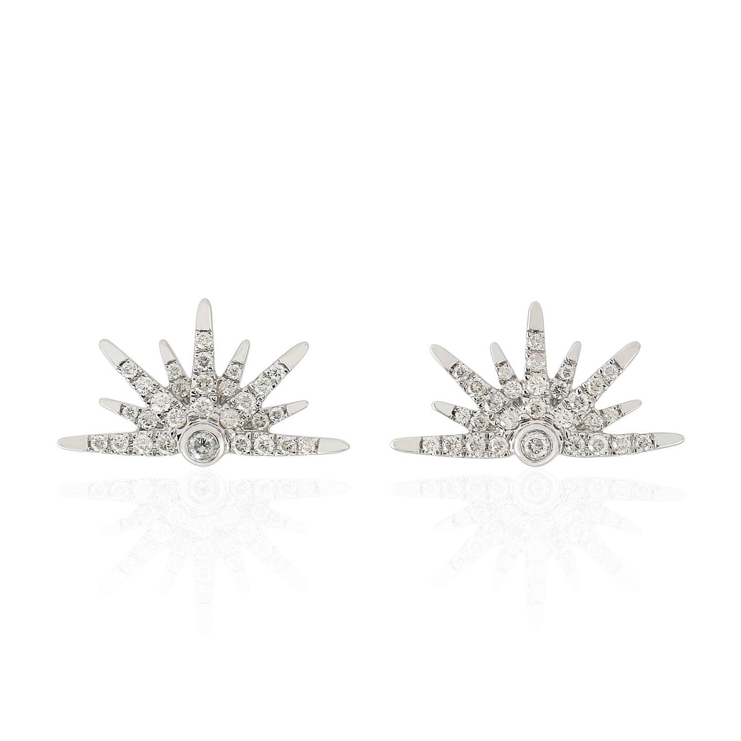 18K White Gold Micro Pave Diamond Half Starburst Stud Earrings - Perfect for Weddings, Parties & Special Occasions