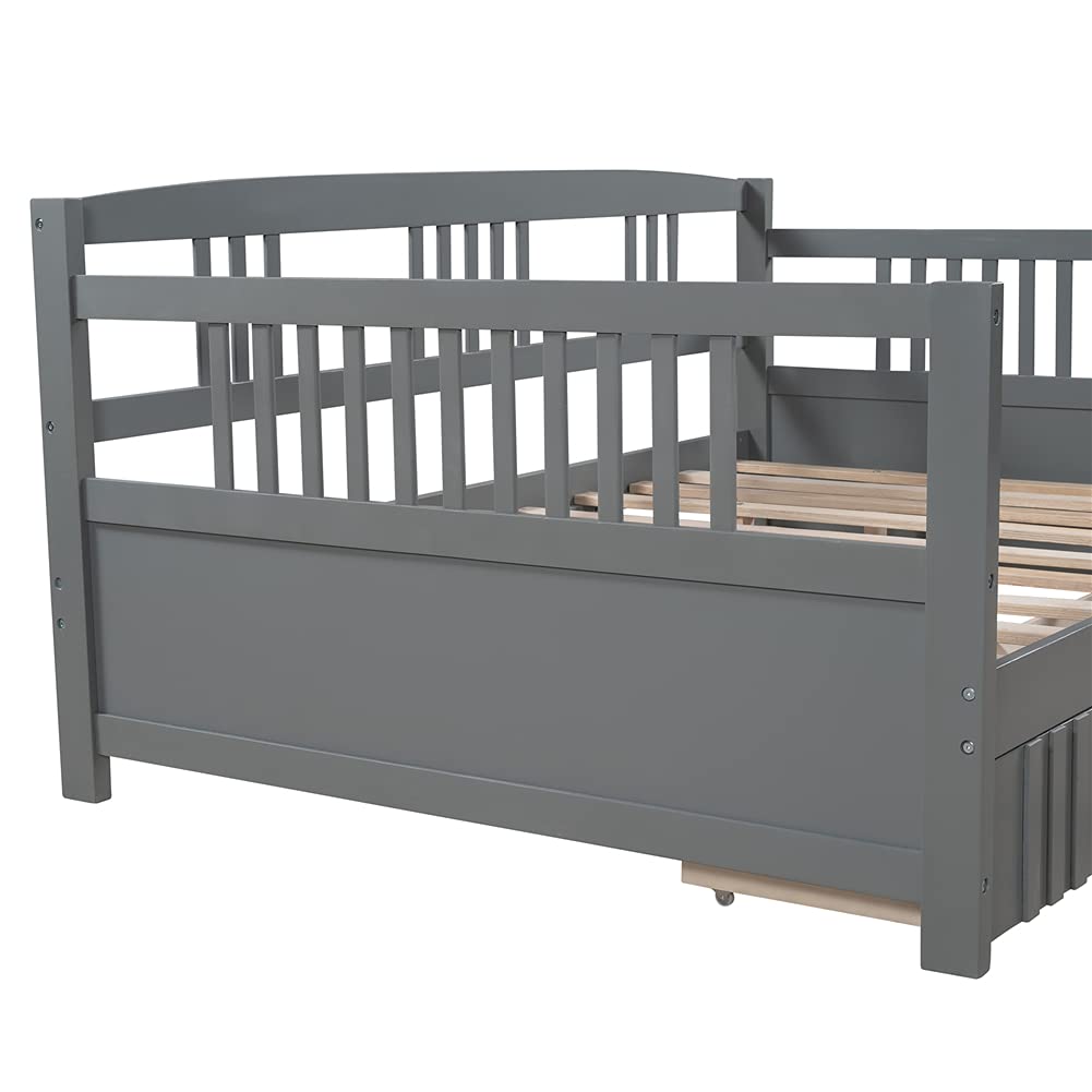 **Convertible Daybed Sofa Bed for Kids - Pinewood Frame with Guardrails & Wood Slats - Full Size Pull-Out Storage Drawers with Wheels (Gray) - Perfect for Kids' Bedroom, Guest Room & Small Spaces**