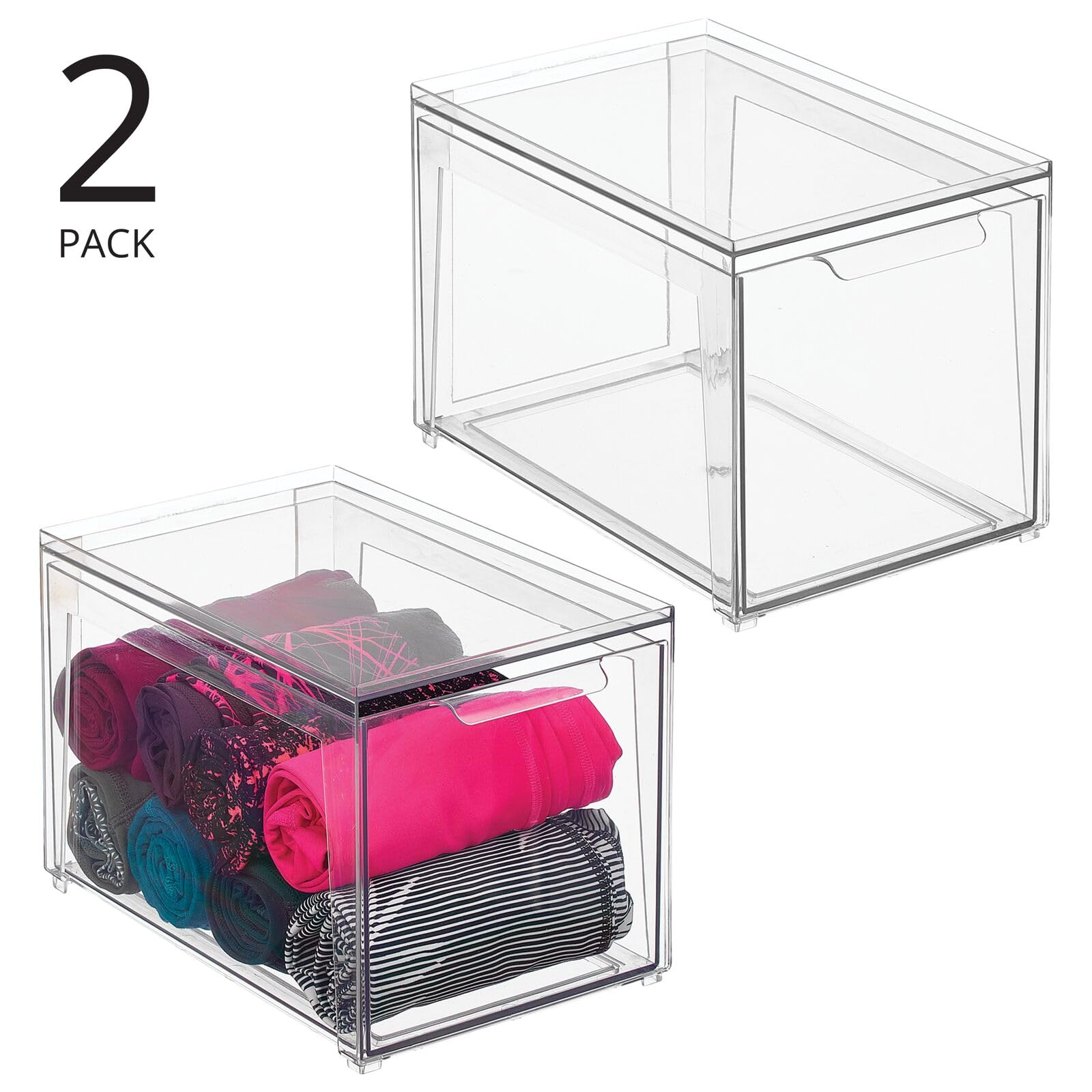 mDesign Plastic Stackable Closet Storage Bins with Pull-Out Drawers - 2 Pack Clear Organizers for Cabinet, Desk, Shelf, Cupboard & Dresser | Perfect for Bedroom, Bathroom & Office Organization | Lumiere Collection