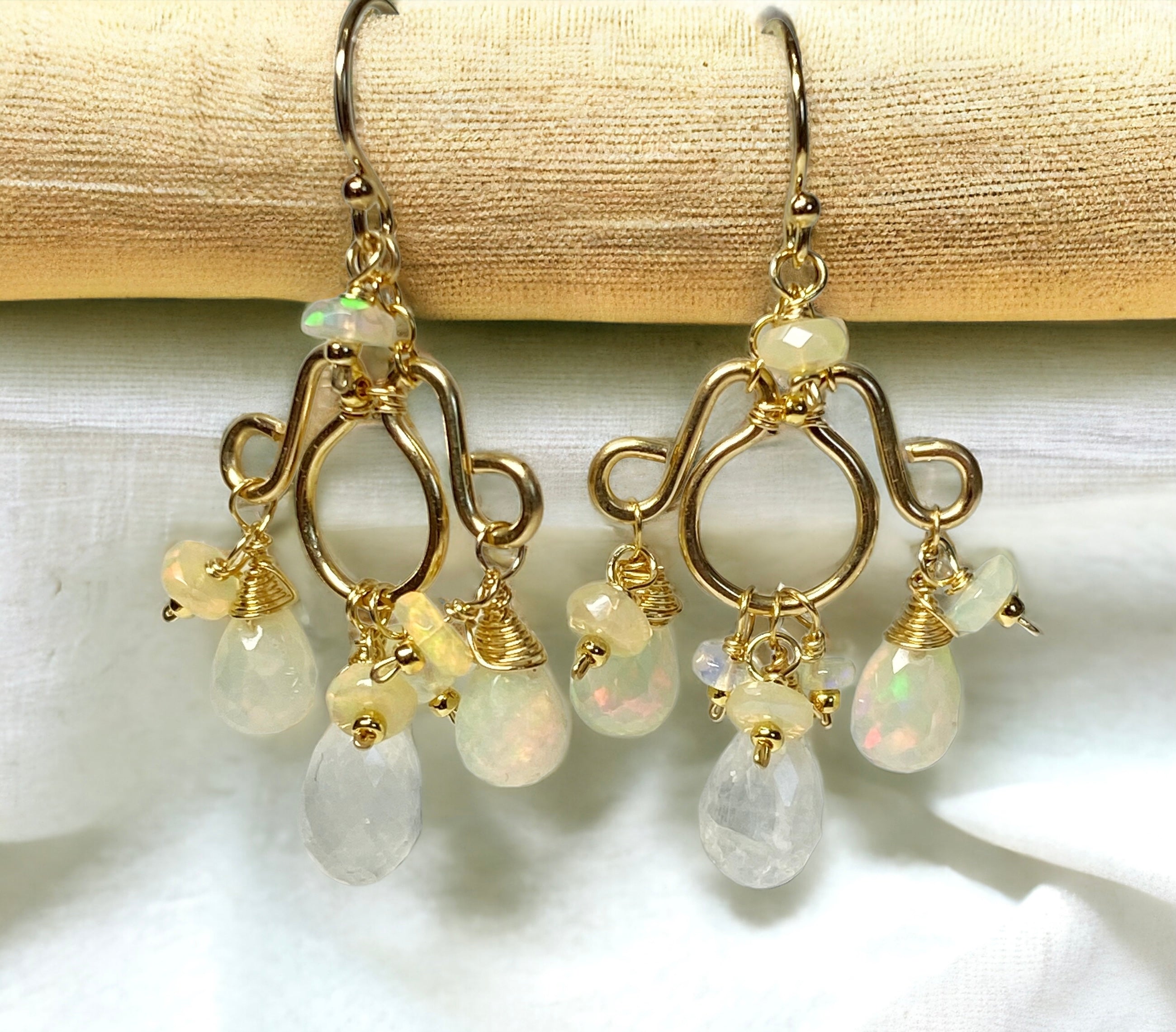 Ethiopian Opal & Moonstone Chandelier Earrings - 14K Gold Filled Statement Jewelry for Women | Perfect for Weddings, Parties & Special Occasions