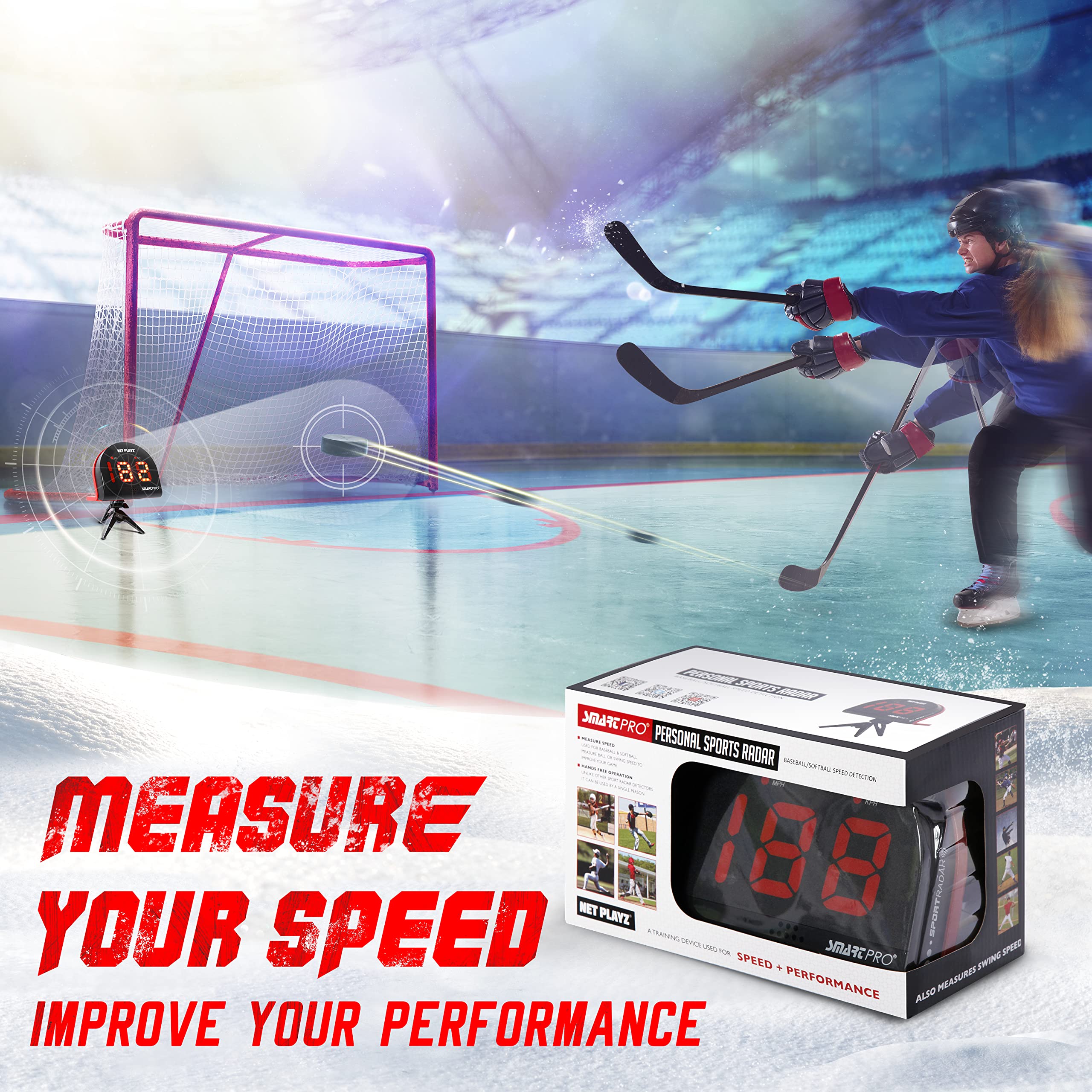 NetPlayz Hockey Training Gear - Radar Speed Gun & Sensor for Ice & Field Hockey