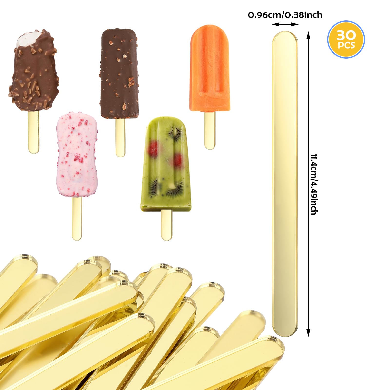 30 Pieces Gold Popsicle Sticks 4.5 Inch - Reusable Acrylic Cake Pop Sticks for DIY Desserts, Candy Making, Baking & Crafts - Perfect for Birthday Parties, Wedding Favors & Holiday Treats (Gold)