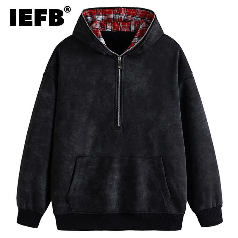 Men's Faux Two-Piece Hoodie - Distressed Plaid Round Neck Thick Casual Pullover Sweatshirt for Winter | Streetwear, Loungewear & Outdoor Activities