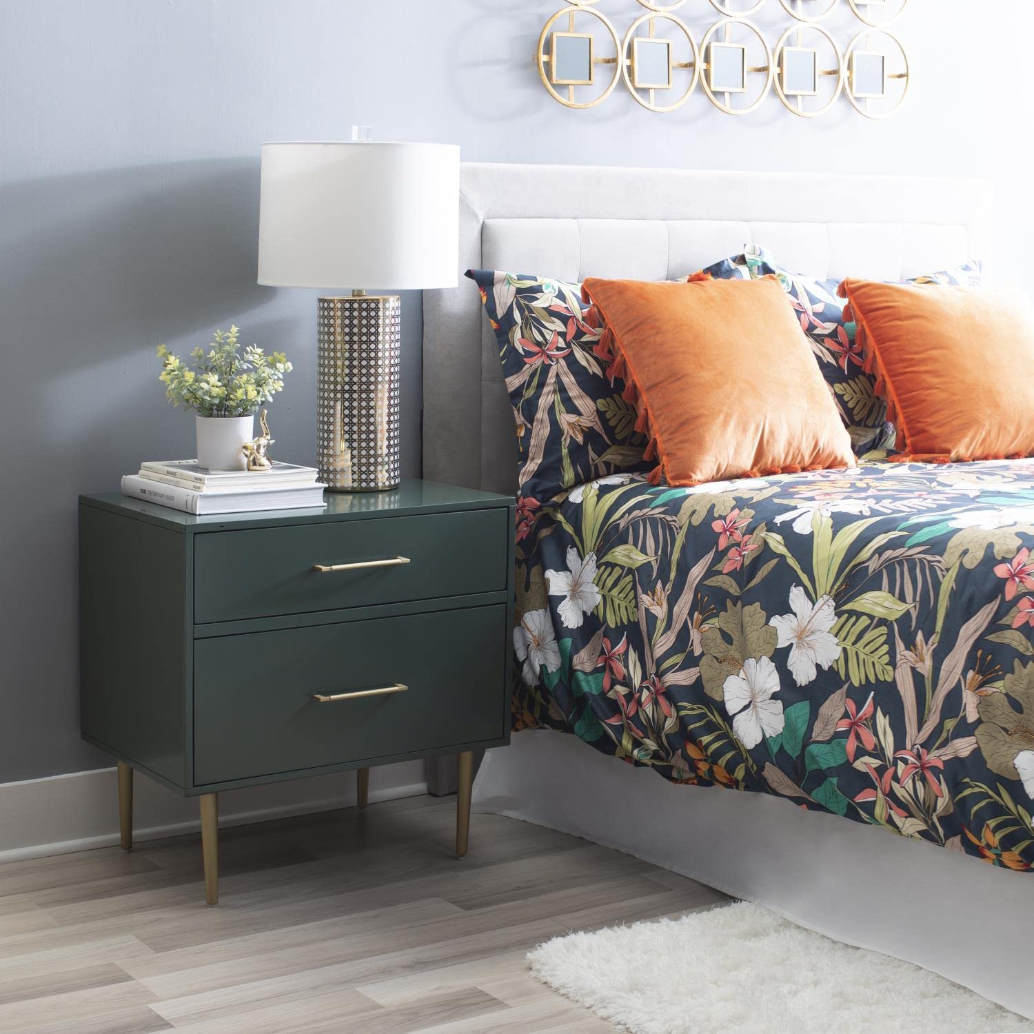 Linon Gloria 2-Drawer Nightstand - Dark Green Finish, Bedside Table for Bedroom, Compact Storage for Lamps, Books & Essentials