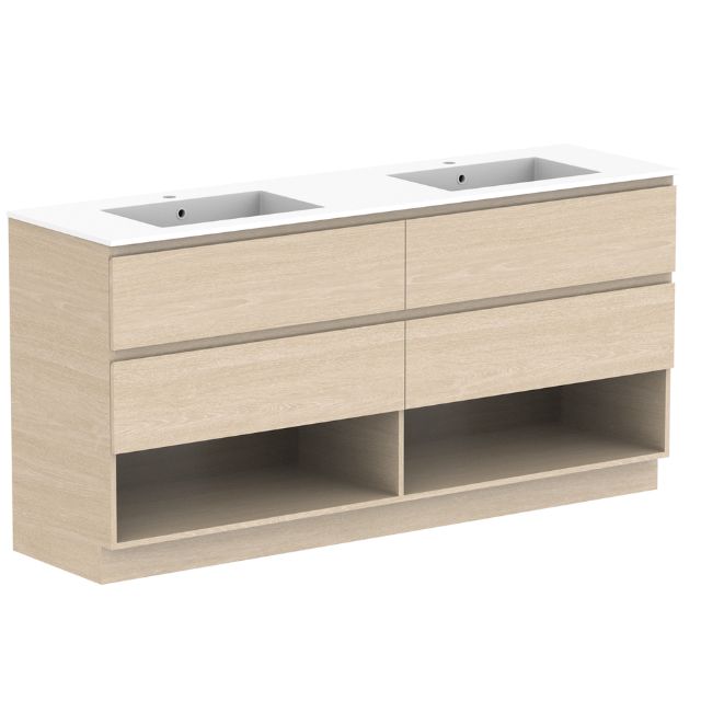 ADP Glacier Lite Shelf Twin Floor Standing Vanity with Cast Marble Top - Modern Bathroom Vanity Set with Dual Sinks & Storage for Master Bath, Guest Bathroom or Powder Room