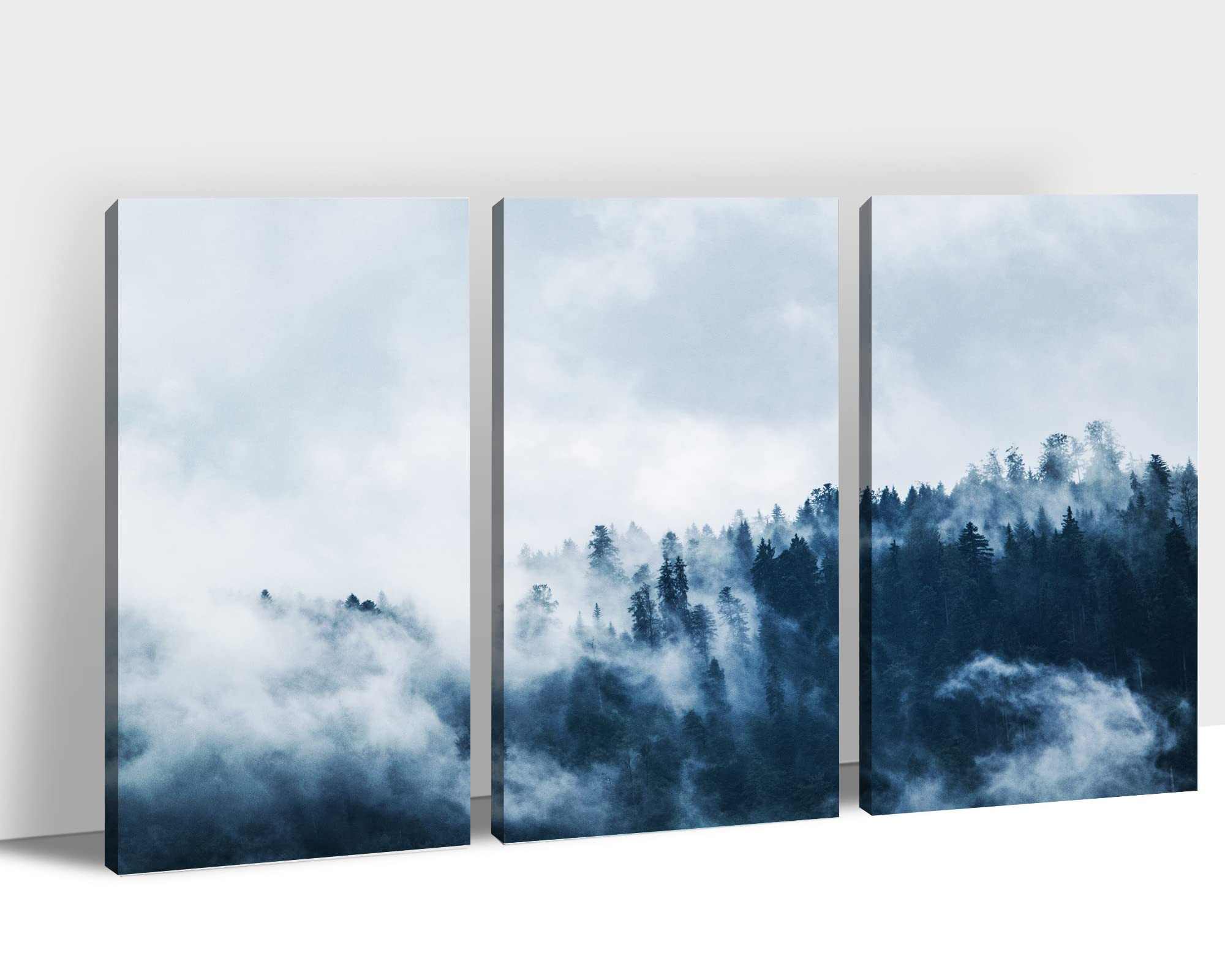 Framed Canvas Wall Art - 3 Piece Blue Misty Forest Nature Wilderness Paintings for Bedroom & Home Office Decor, Modern Wall Art Set 24x36 Inch (3 Panels) - Perfect for Living Room, Bedroom, or Office Wall Decorations