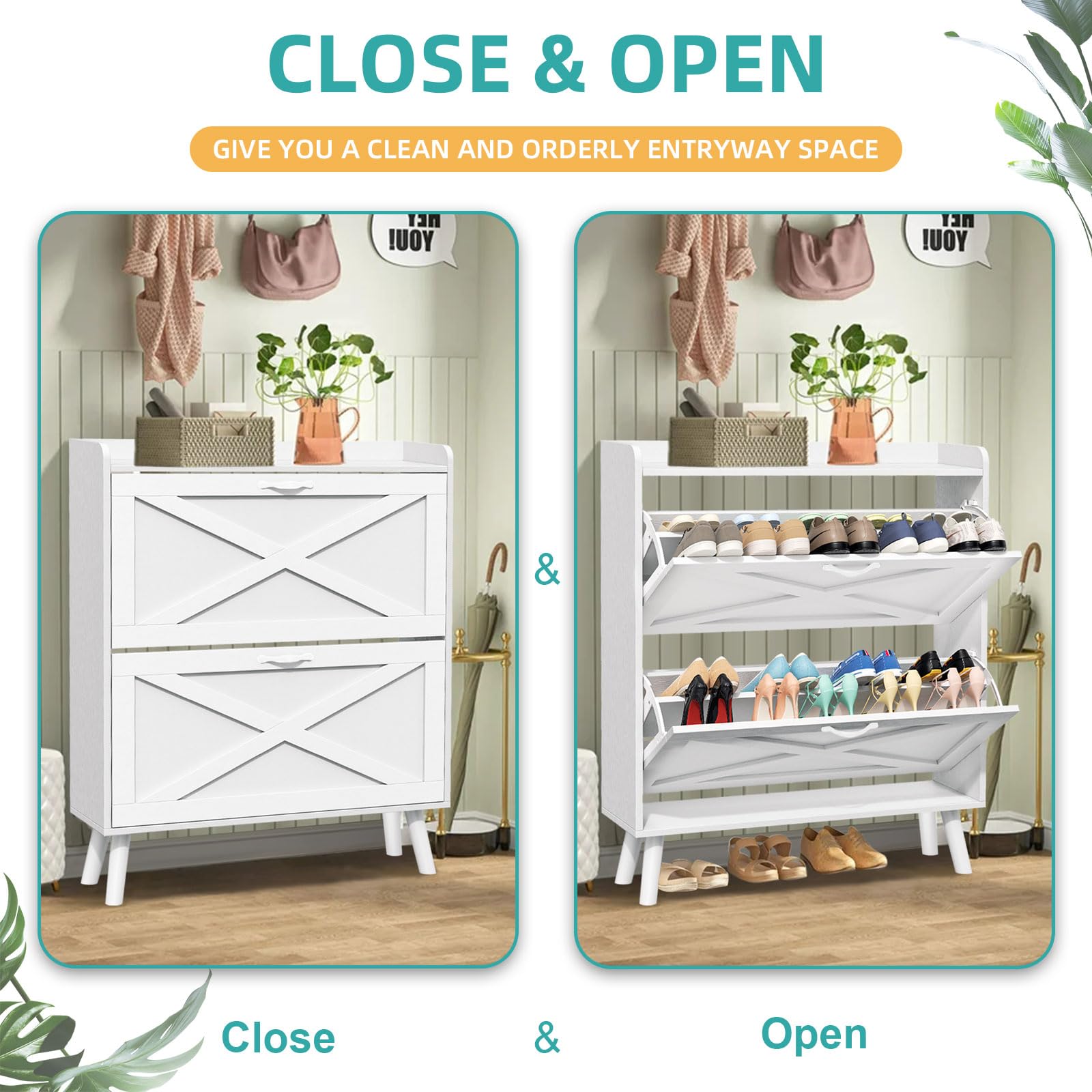 SOLAURA Freestanding Shoe Storage Cabinet with 2 Flip Drawers - Hidden Entryway Shoe Organizer with Wooden Legs, White Large - Perfect for Closet, Bedroom & Mudroom Organization