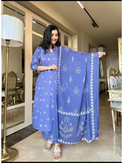 Elegant Maya Blue Embroidered Anarkali Suit Set of 3 - Traditional Indian Kurti for Women, Party Wear & Festive Occasions