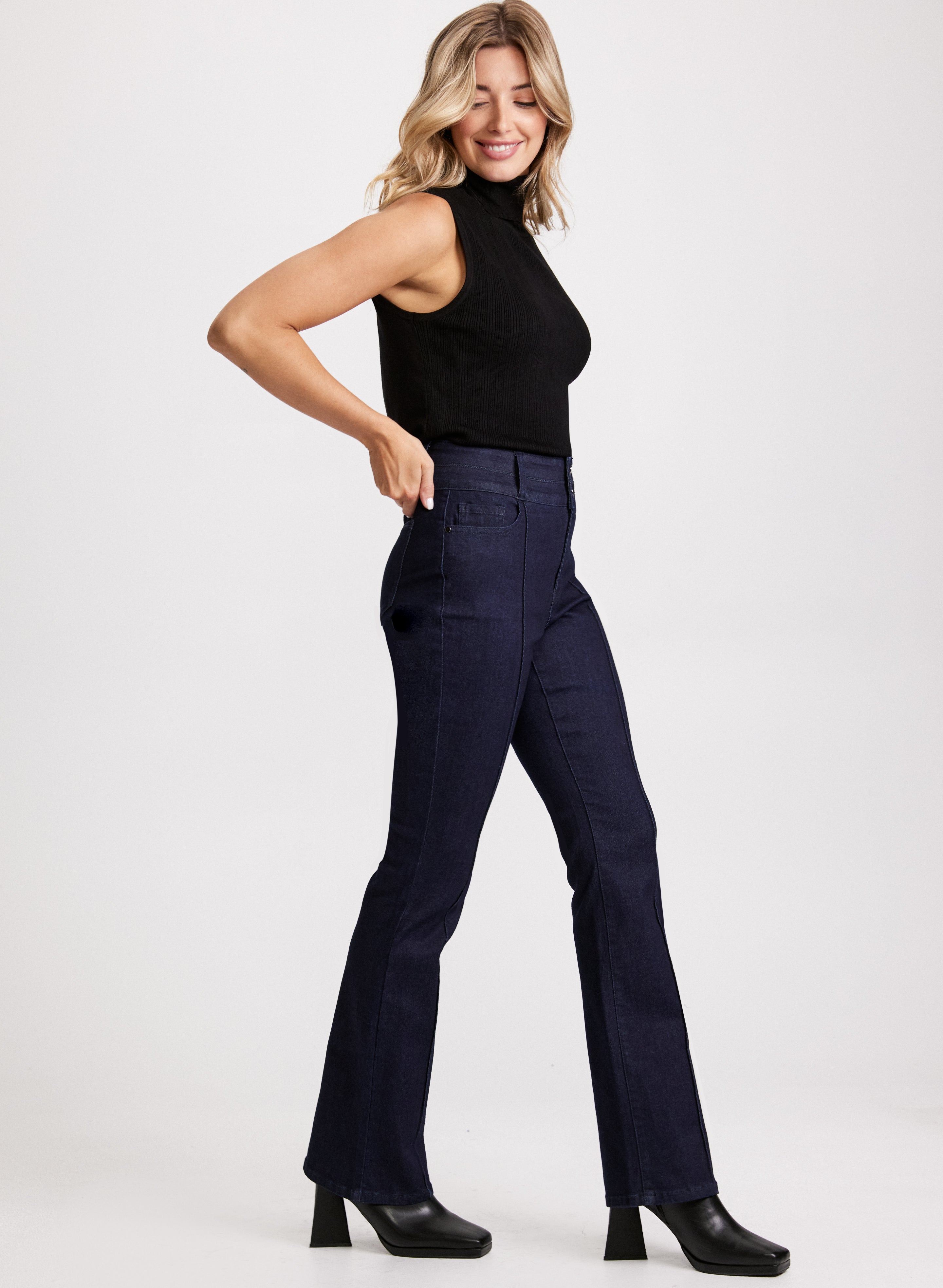 Flared Pintuck Jeans for Women - High Waist Bootcut Denim Pants with Stretch | Casual & Office Wear