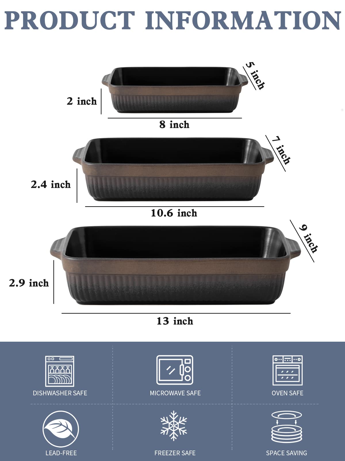 Kanwone 9 x 13 Inch Ceramic Baking Dish Set - Rectangular Lasagna Pan, Casserole Dish, Oven Safe Bakeware for Cooking, Baking & Serving | Matte Black Reactive Glazed Stripe Series | Perfect for Family Dinners, Holiday Meals & Potluck Parties
