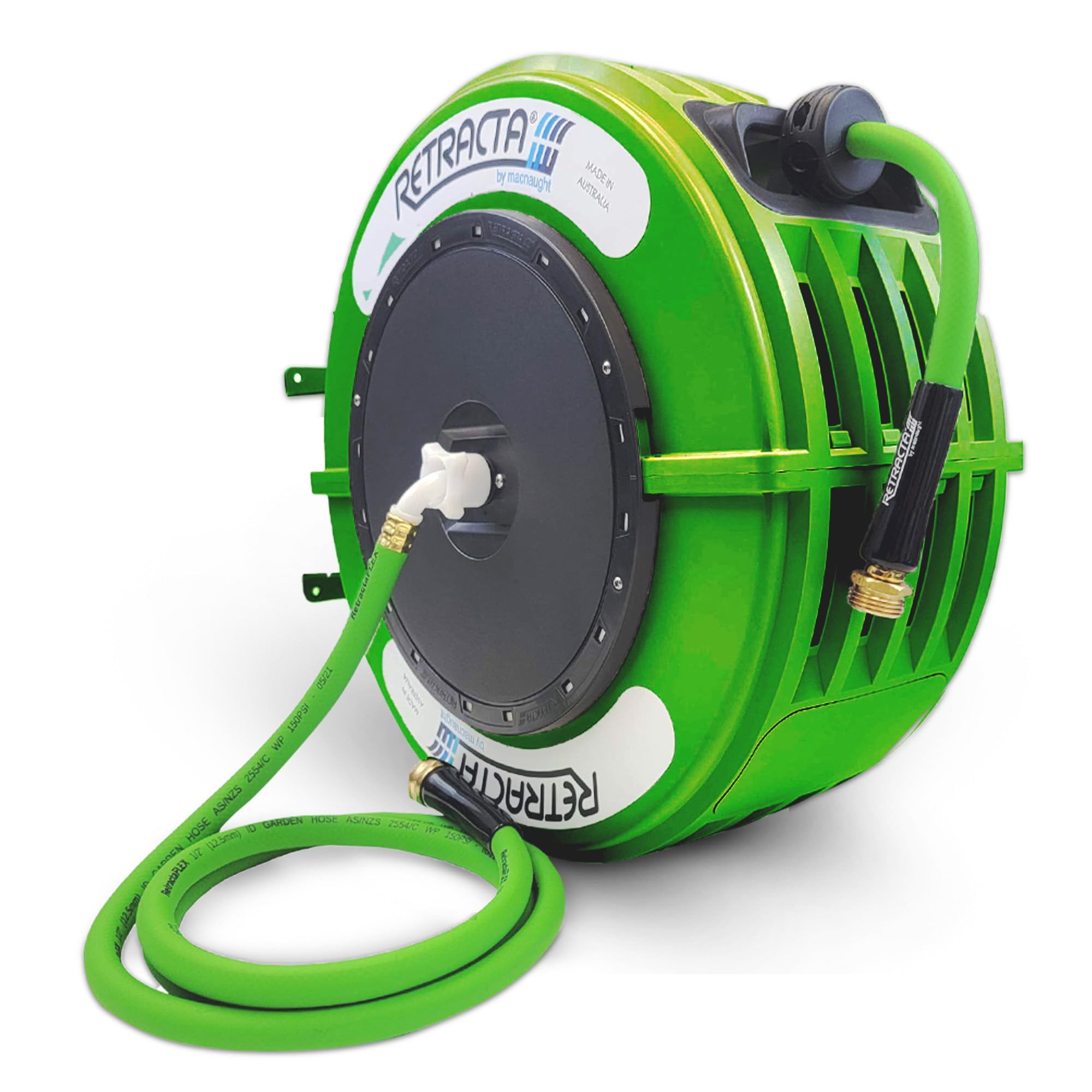 Macnaught 60 Ft Heavy Duty Retractable Garden Hose Reel with 180° Metal Swivel Bracket - Wall Mount Water Hose for Lawn, Garden & Outdoor Cleaning (Green)