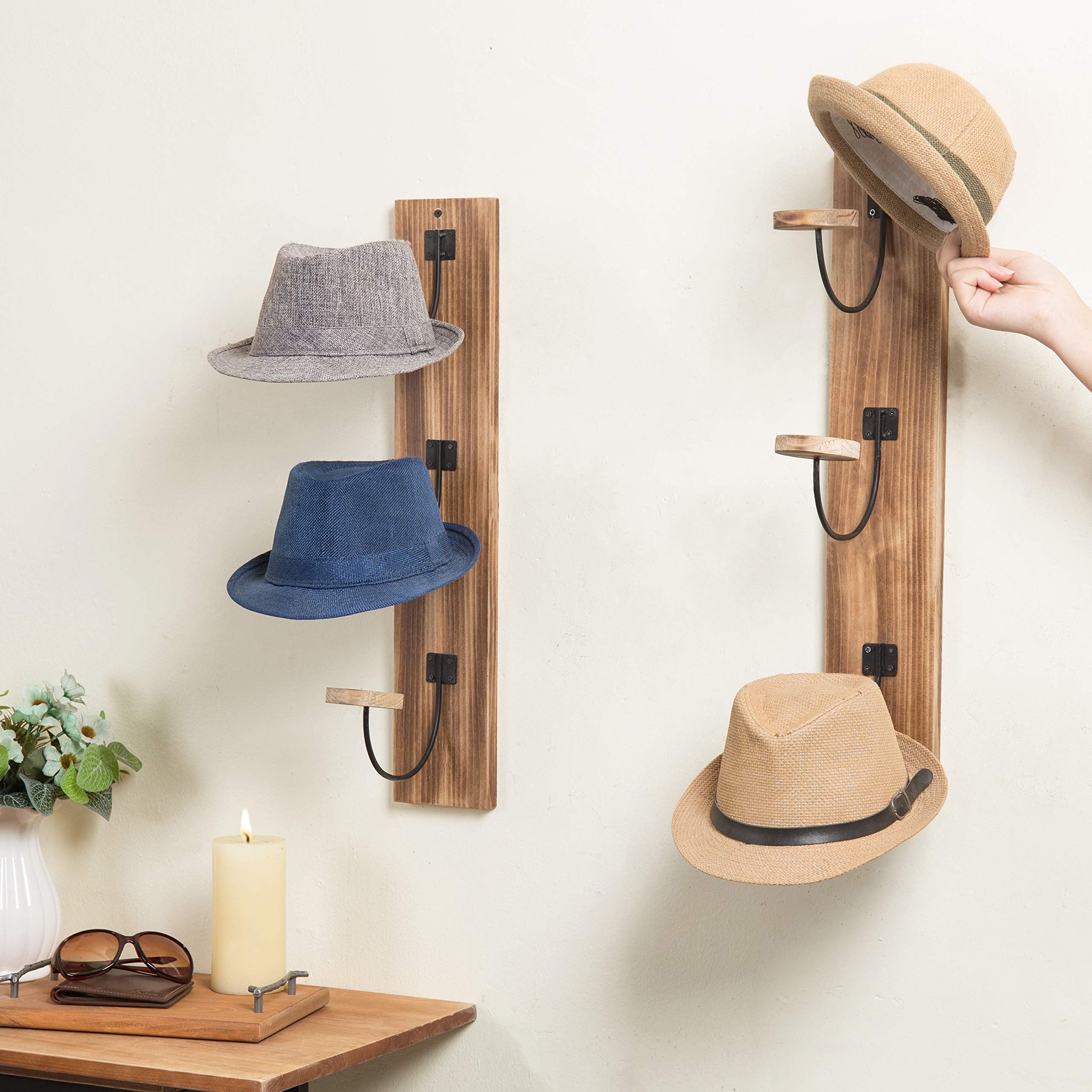MyGift Rustic Light Burnt Wood Wall Hat Rack with Metal Wire & Wood Hooks - Vertical Mount Coat, Hat & Clothing Organizer (Set of 2) - Perfect for Entryway, Mudroom, Bedroom & Closet Organization