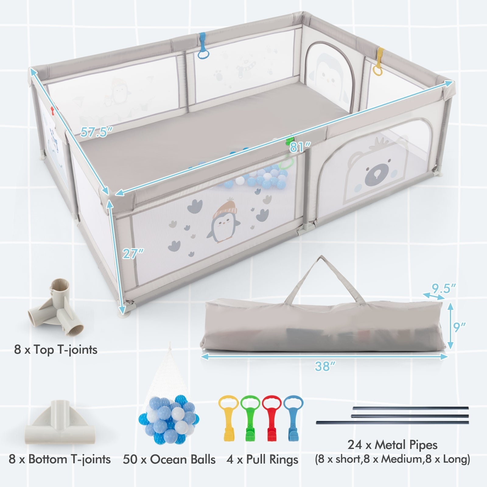 Large Baby Playpen with Pull Rings, Ocean Balls & Cute Penguin Pattern - Safe Play Area for Toddlers at Home or Daycare