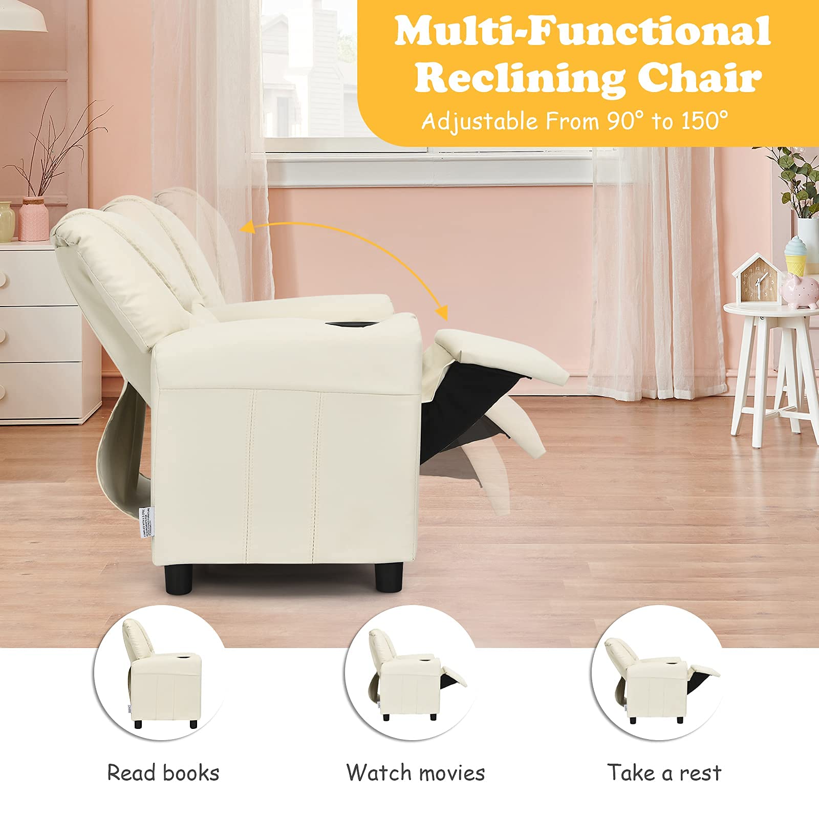 Kids Recliner Sofa Chair with Cup Holder, Adjustable Headrest & Footrest - PU Leather Toddler Armchair for Boys & Girls, Nursery, Playroom, Bedroom (Beige) - Perfect for Reading, Watching TV & Relaxing