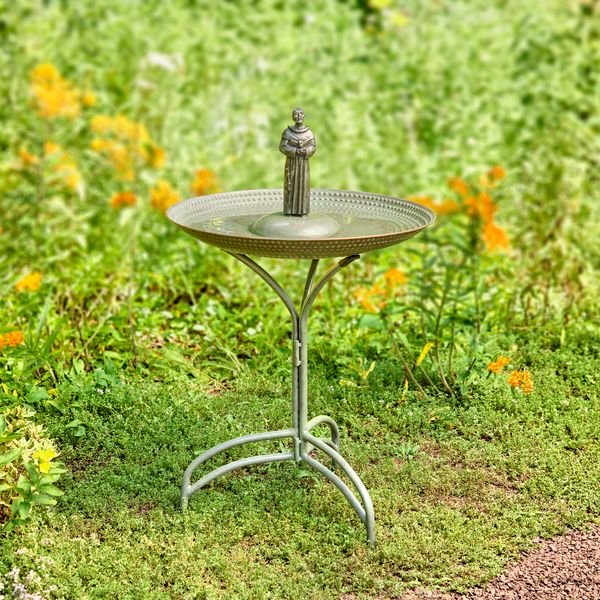 20-Inch Blue Verde Copper Bird Bath with St. Francis Statue – Elegant Garden Decor for Outdoor Bird Watching & Backyard Landscaping